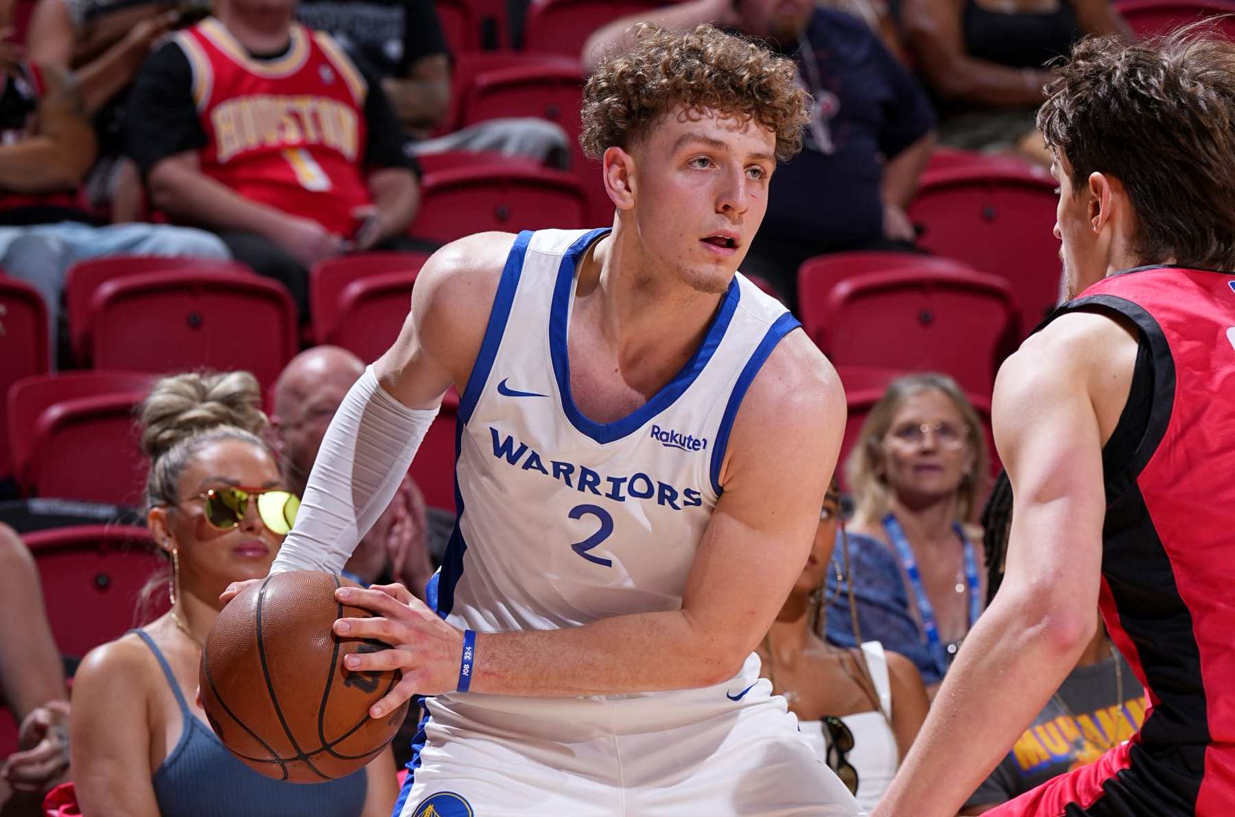 LAS VEGAS, NV - JULY 13: Brandin Podziemski #2 of the Golden State Warriors dribbles the ball during the game against the Houston Rockets during the 2023 NBA Las Vegas Summer League on July 13, 2023 at the Thomas & Mack Center in Las Vegas, Nevada. NOTE TO USER: User expressly acknowledges and agrees that, by downloading and or using this photograph, User is consenting to the terms and conditions of the Getty Images License Agreement. Mandatory Copyright Notice: Copyright 2023 NBAE (Photo by Garrett Ellwood/NBAE via Getty Images)