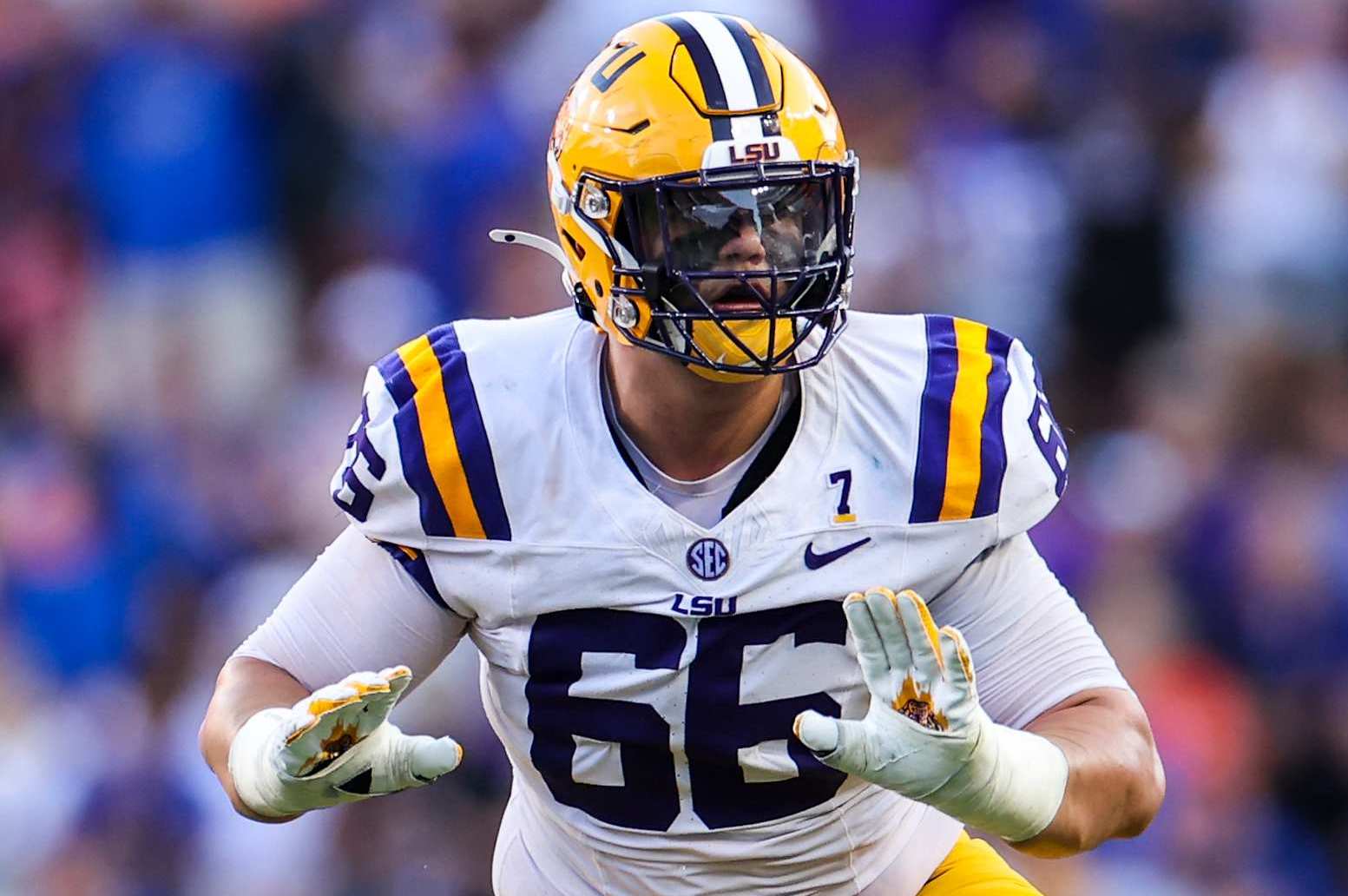 GAINESVILLE, FLORIDA - NOVEMBER 16: Will Campbell #66 of the LSU Tigers blocks during the 1st half of a game against the Florida Gators at Ben Hill Griffin Stadium on November 16, 2024 in Gainesville, Florida. (Photo by James Gilbert/Getty Images)
