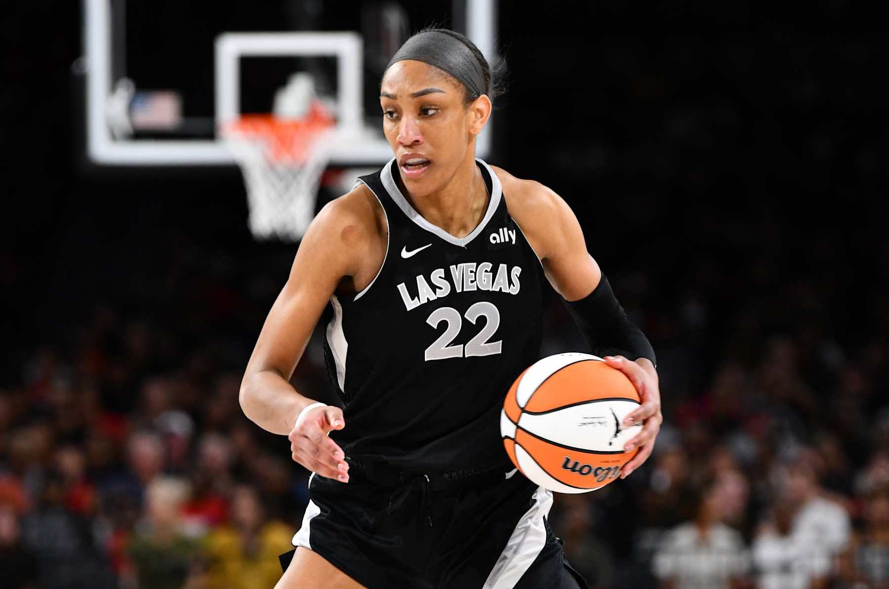 LAS VEGAS, NV - OCTOBER 4: A'ja Wilson #22 of the Las Vegas Aces dribbles the ball during the game against the New York Liberty during Round Two Game Three of the 2024 WNBA Playoffs on October 4, 2024 at Michelob ULTRA Arena in Las Vegas, Nevada. NOTE TO USER: User expressly acknowledges and agrees that, by downloading and or using this photograph, user is consenting to the terms and conditions of the Getty Images License Agreement. Mandatory Copyright Notice: Copyright 2024 NBAE (Photo by Barry Gossage/NBAE via Getty Images)