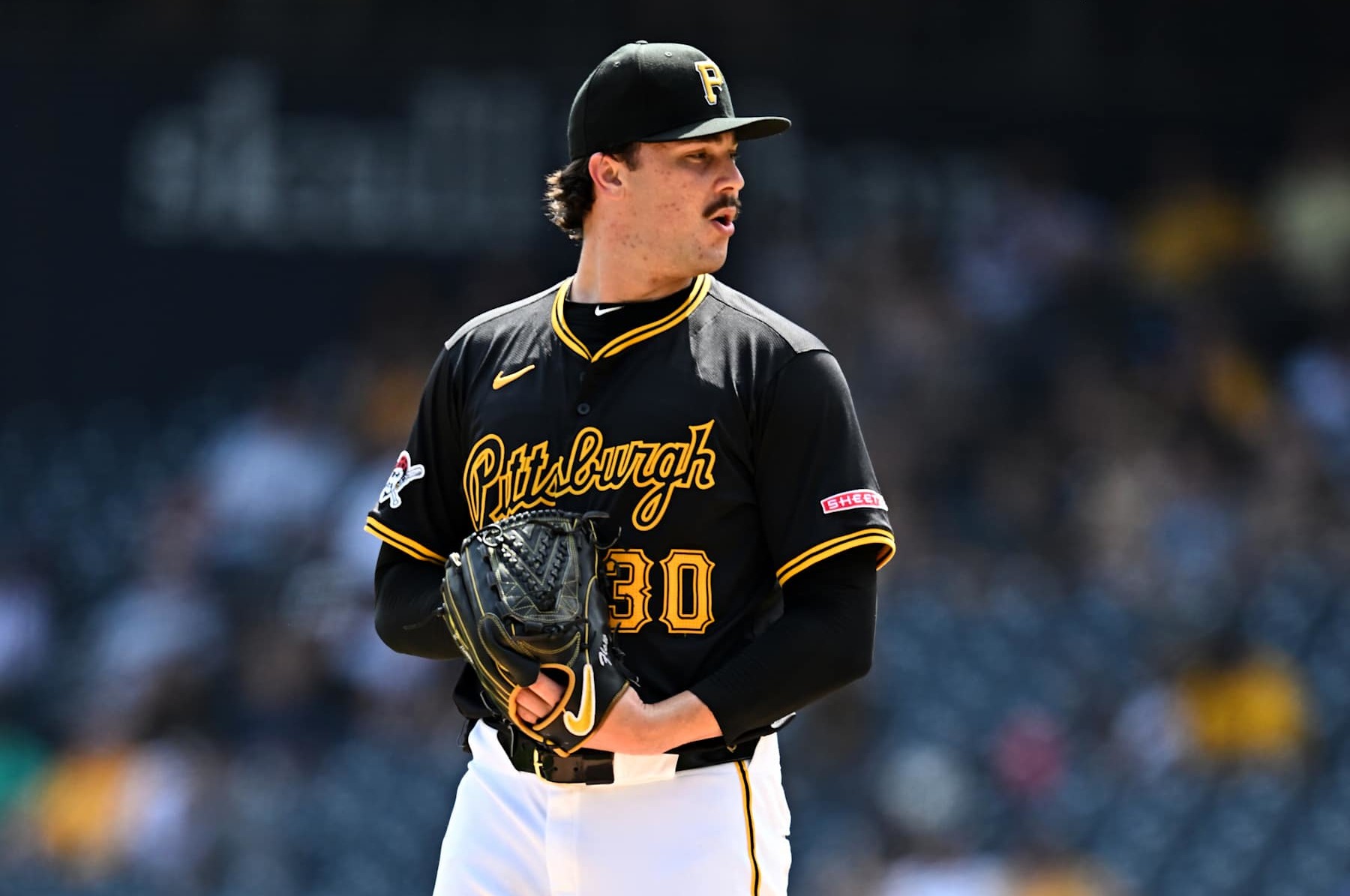 PITTSBURGH, PENNSYLVANIA - AUGUST 28, 2024: Paul Skenes #30 of the Pittsburgh Pirates prepares to pitch during the fifth inning against the Chicago Cubs at PNC Park on August 28, 2024 in Pittsburgh, Pennsylvania. (Photo by Chris Bernacchi/Diamond Images via Getty Images)