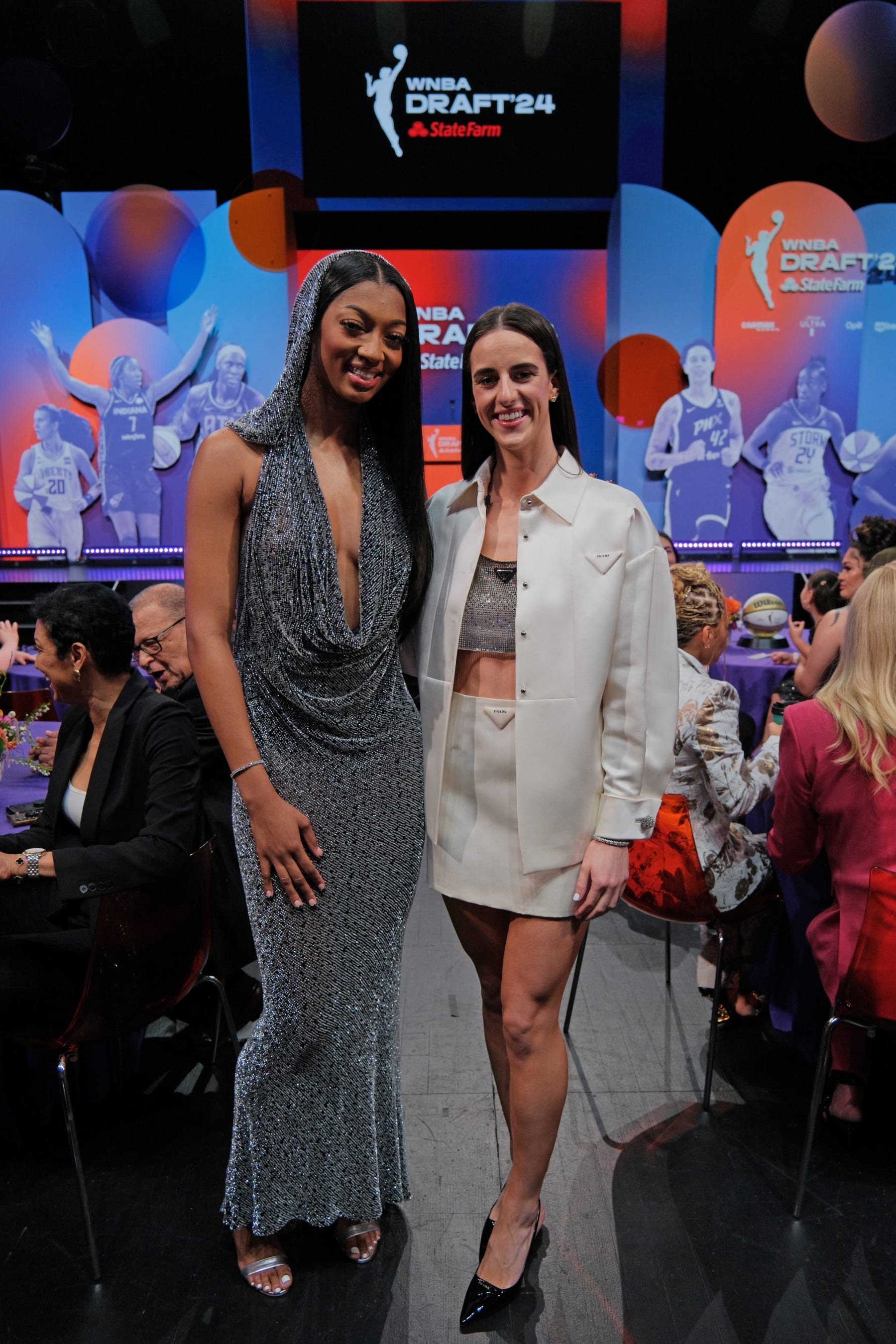 NEW YORK, NY - APRIL 15: Angel Reese and Caitlin Clark pose for a photo during the 2024 WNBA Draft on April 15, 2024 at the Brooklyn Academy of Music in Brooklyn, New York. NOTE TO USER: User expressly acknowledges and agrees that, by downloading and or using this photograph, User is consenting to the terms and conditions of the Getty Images License Agreement. Mandatory Copyright Notice: Copyright 2024 NBAE (Photo by Emily Johnson/NBAE via Getty Images)