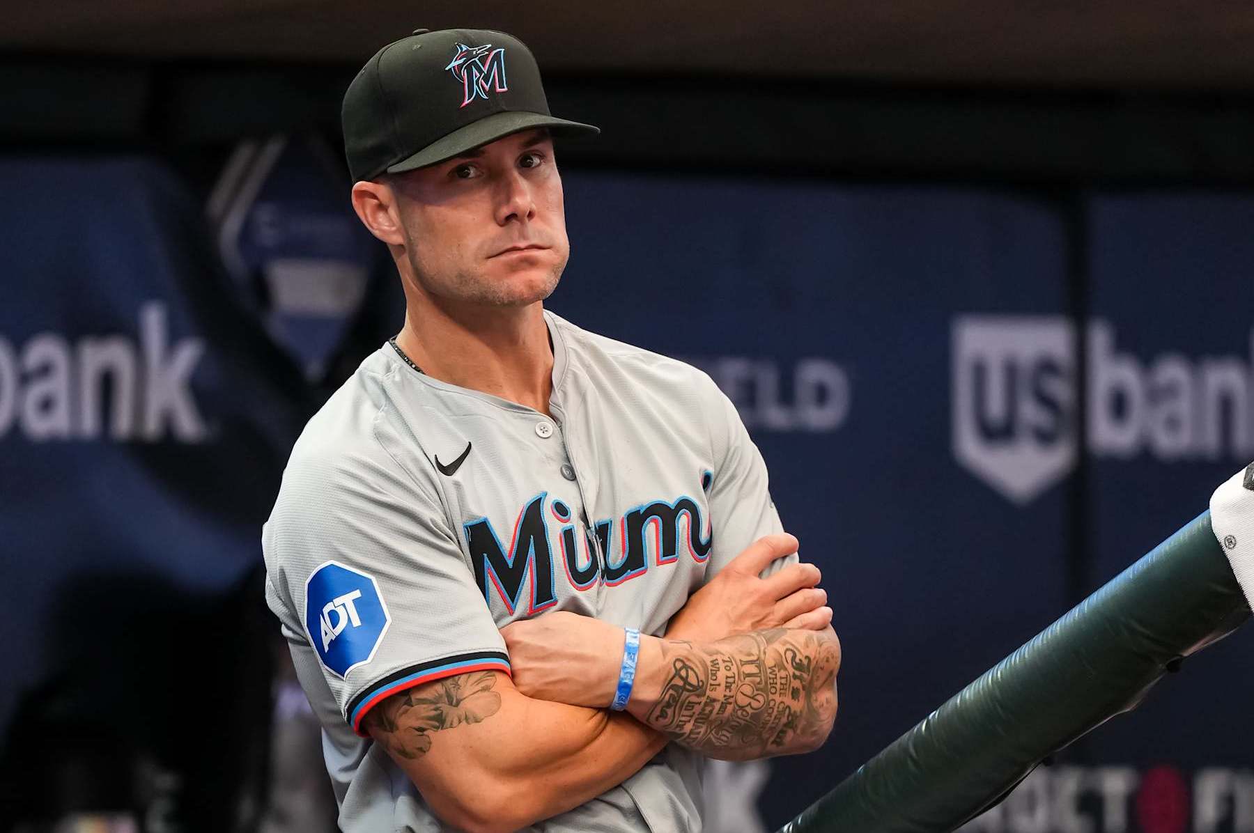 MINNEAPOLIS, MN - SEPTEMBER 24: Manager Skip Schumaker #45 of the Miami Marlins looks on against the Minnesota Twins on September 24, 2024 at Target Field in Minneapolis, Minnesota. (Photo by Brace Hemmelgarn/Minnesota Twins/Getty Images)