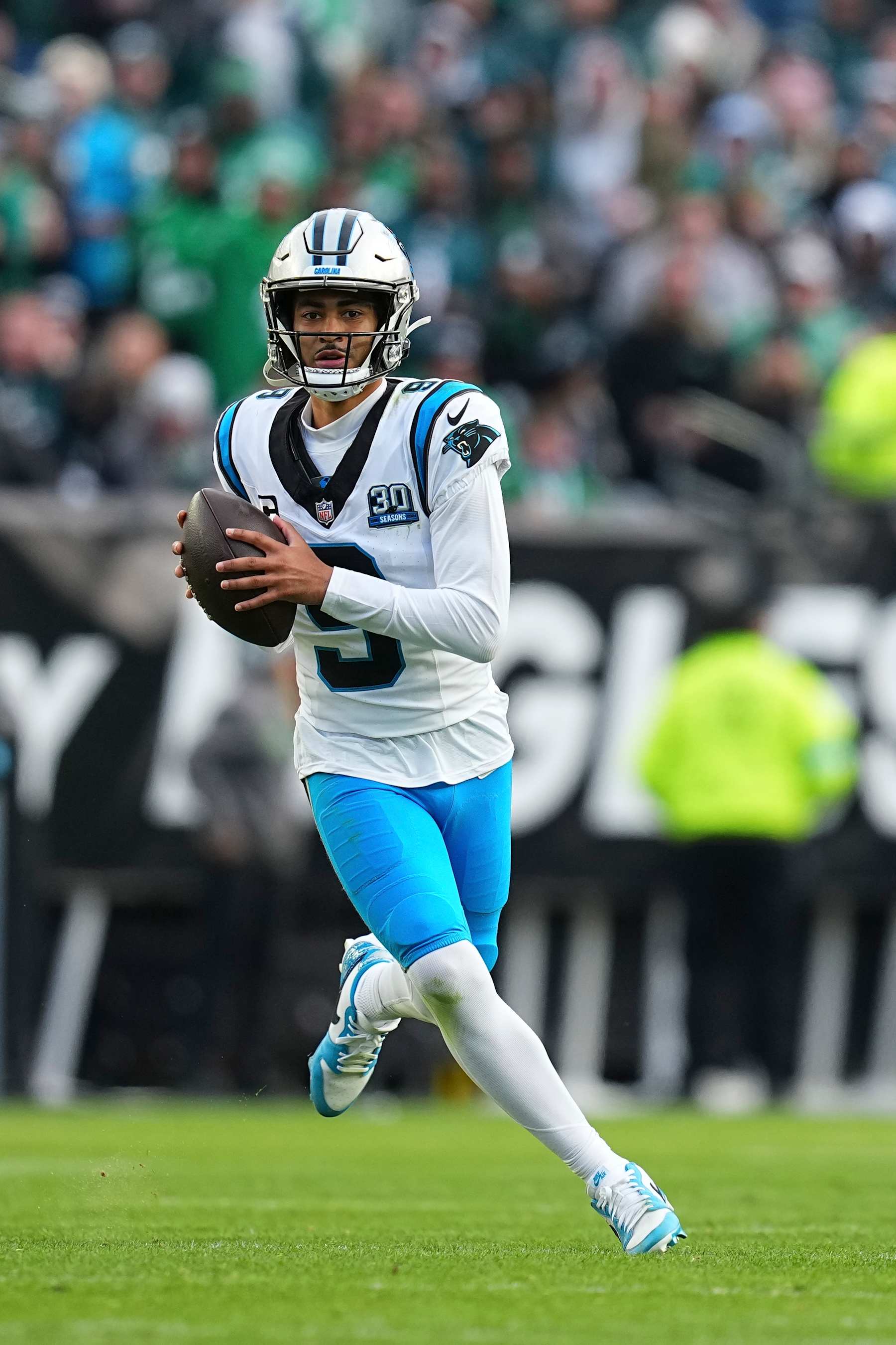 PHILADELPHIA, PENNSYLVANIA - DECEMBER 8: Bryce Young #9 of the Carolina Panthers runs with the ball against the Philadelphia Eagles at Lincoln Financial Field on December 8, 2024 in Philadelphia, Pennsylvania. (Photo by Mitchell Leff/Getty Images)