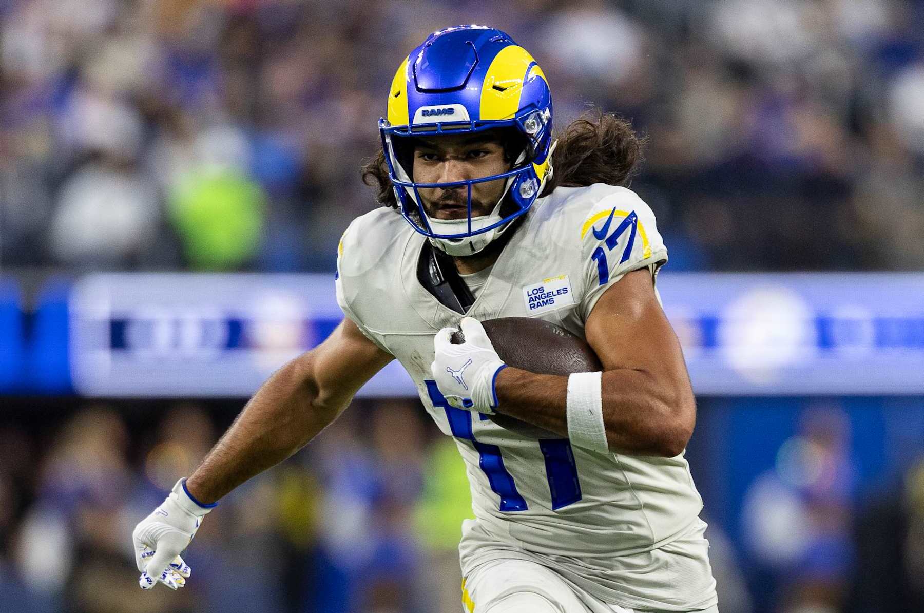 INGLEWOOD, CALIFORNIA - OCTOBER 24: Puka Nacua #17 of the Los Angeles runs with the ball during an NFL Football game against the Minnesota Vikings at SoFi Stadium on October 24, 2024 in Inglewood, California. (Photo by Michael Owens/Getty Images)