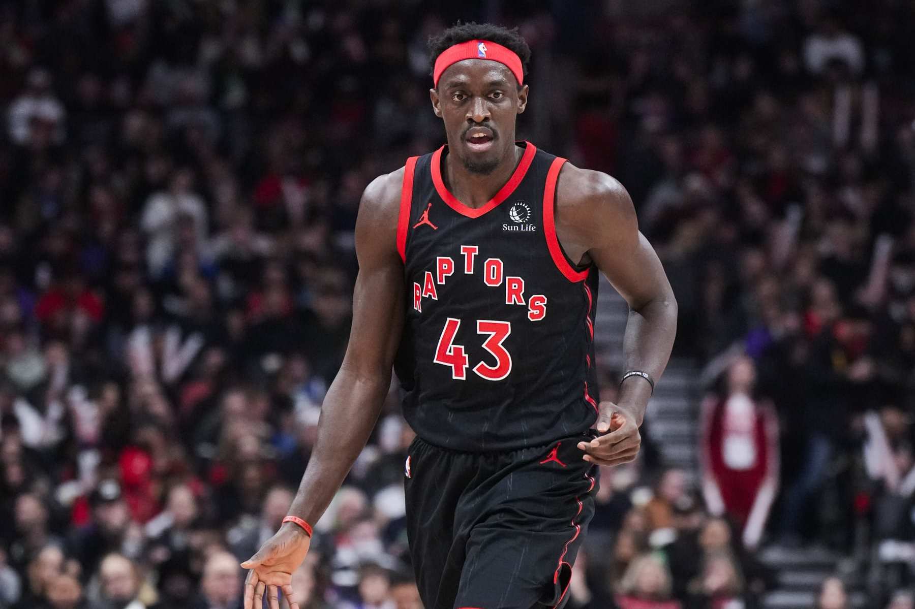 TORONTO, ON - DECEMBER 23: Pascal Siakam #43 of the Toronto Raptors dribbles against the Utah Jazz during the first half of their basketball game at the Scotiabank Arena on December 23, 2023 in Toronto, Ontario, Canada. NOTE TO USER: User expressly acknowledges and agrees that, by downloading and/or using this Photograph, user is consenting to the terms and conditions of the Getty Images License Agreement. (Photo by Mark Blinch/Getty Images)