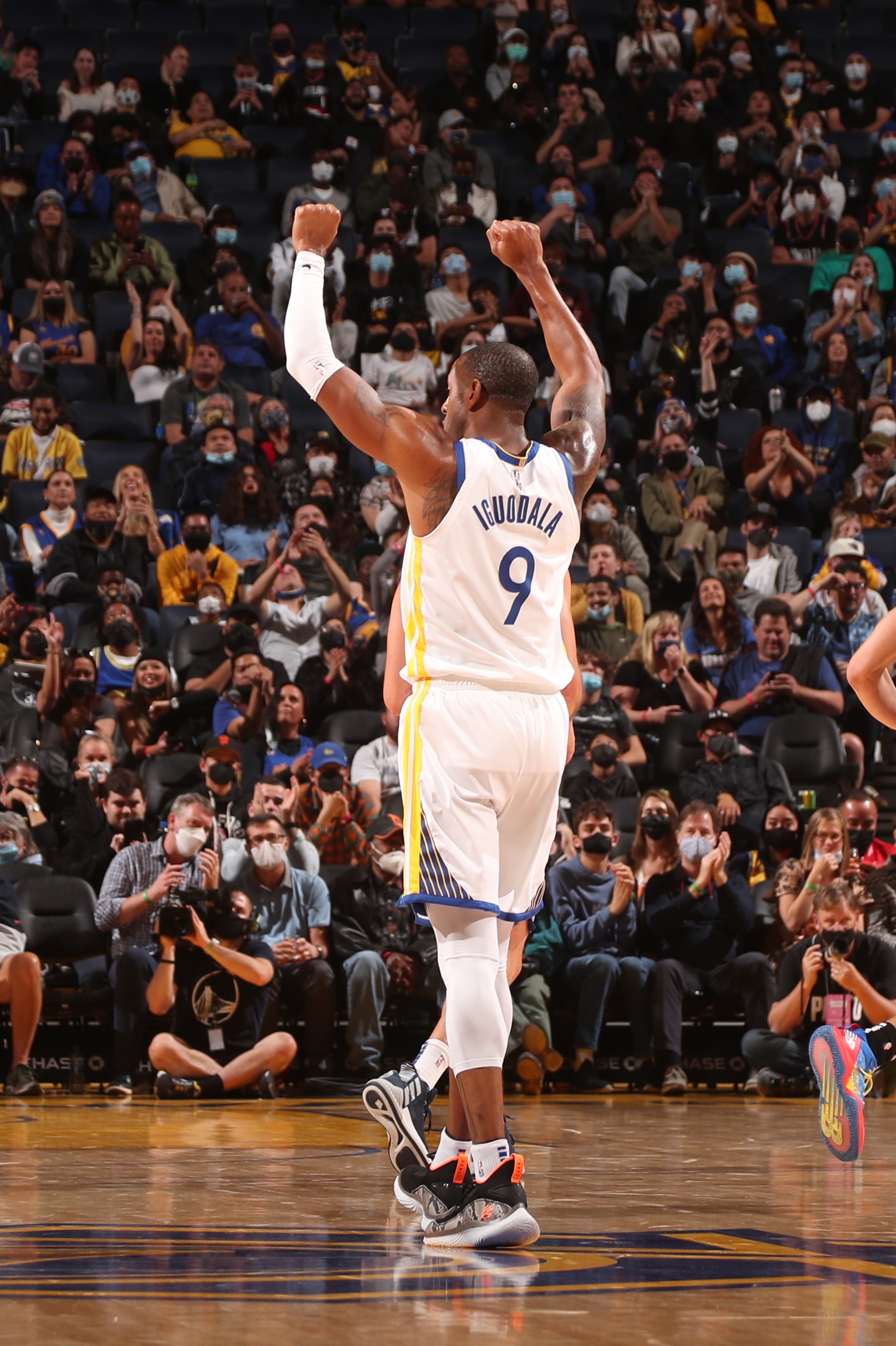SAN FRANCISCO, CA - OCTOBER 15: Andre Igoudala #9 of the Golden State Warriors reacts to a play during the game against the Portland Trail Blazers during a preseason game  on October 15, 2021 at Chase Center in San Francisco, California. NOTE TO USER: User expressly acknowledges and agrees that, by downloading and or using this photograph, user is consenting to the terms and conditions of Getty Images License Agreement. Mandatory Copyright Notice: Copyright 2021 NBAE (Photo by Jed Jacobsohn/NBAE via Getty Images)