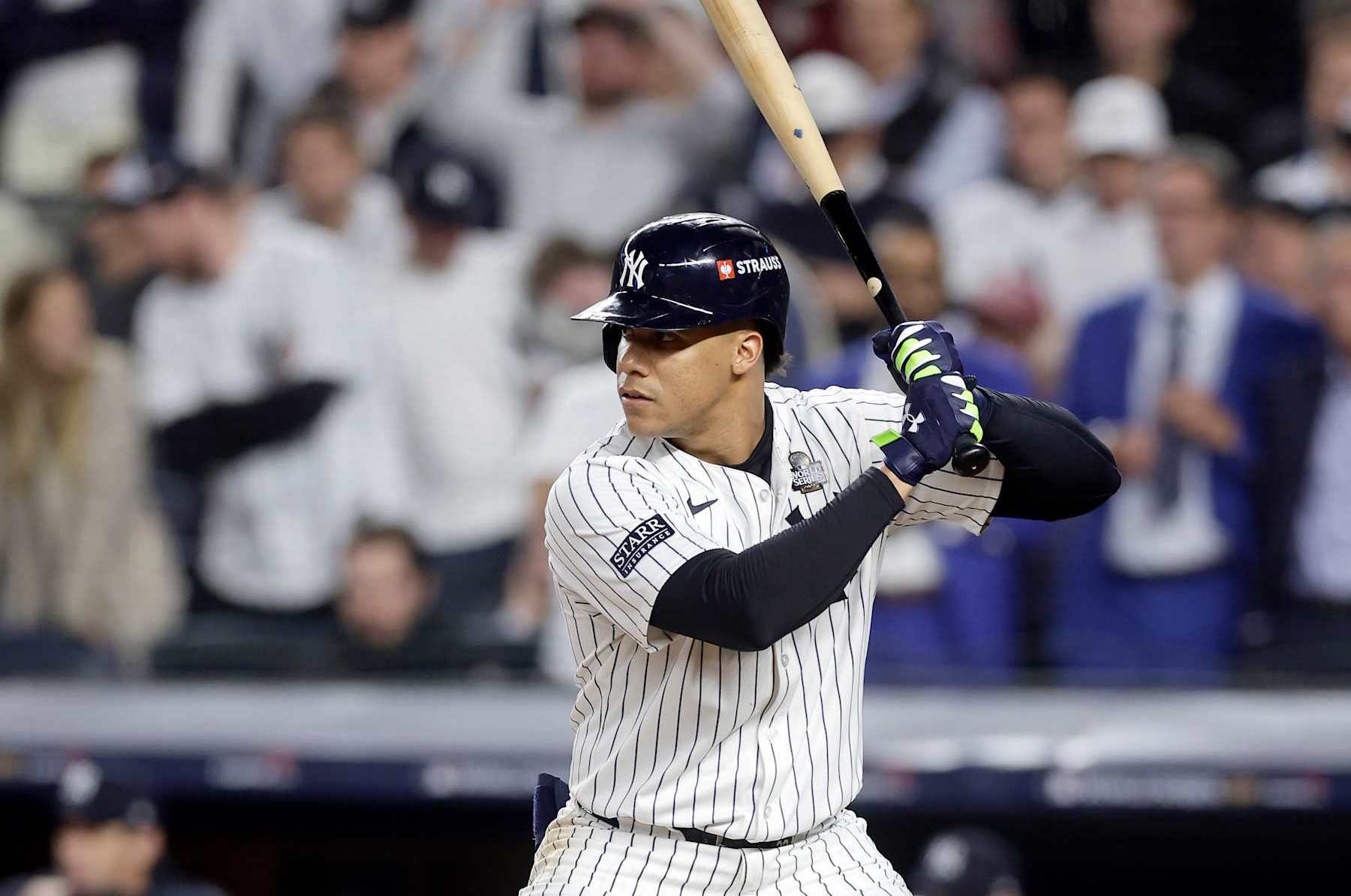 NEW YORK, NEW YORK - OCTOBER 30: (NEW YORK DAILIES OUT)  Juan Soto #22 of the New York Yankees bats during the eighth inning against the Los Angeles Dodgers during Game Five of the 2024 World Series at Yankee Stadium on October 30, 2024 in New York City. The Dodgers defeated the Yankees 7-6. (Photo by Jim McIsaac/Getty Images)