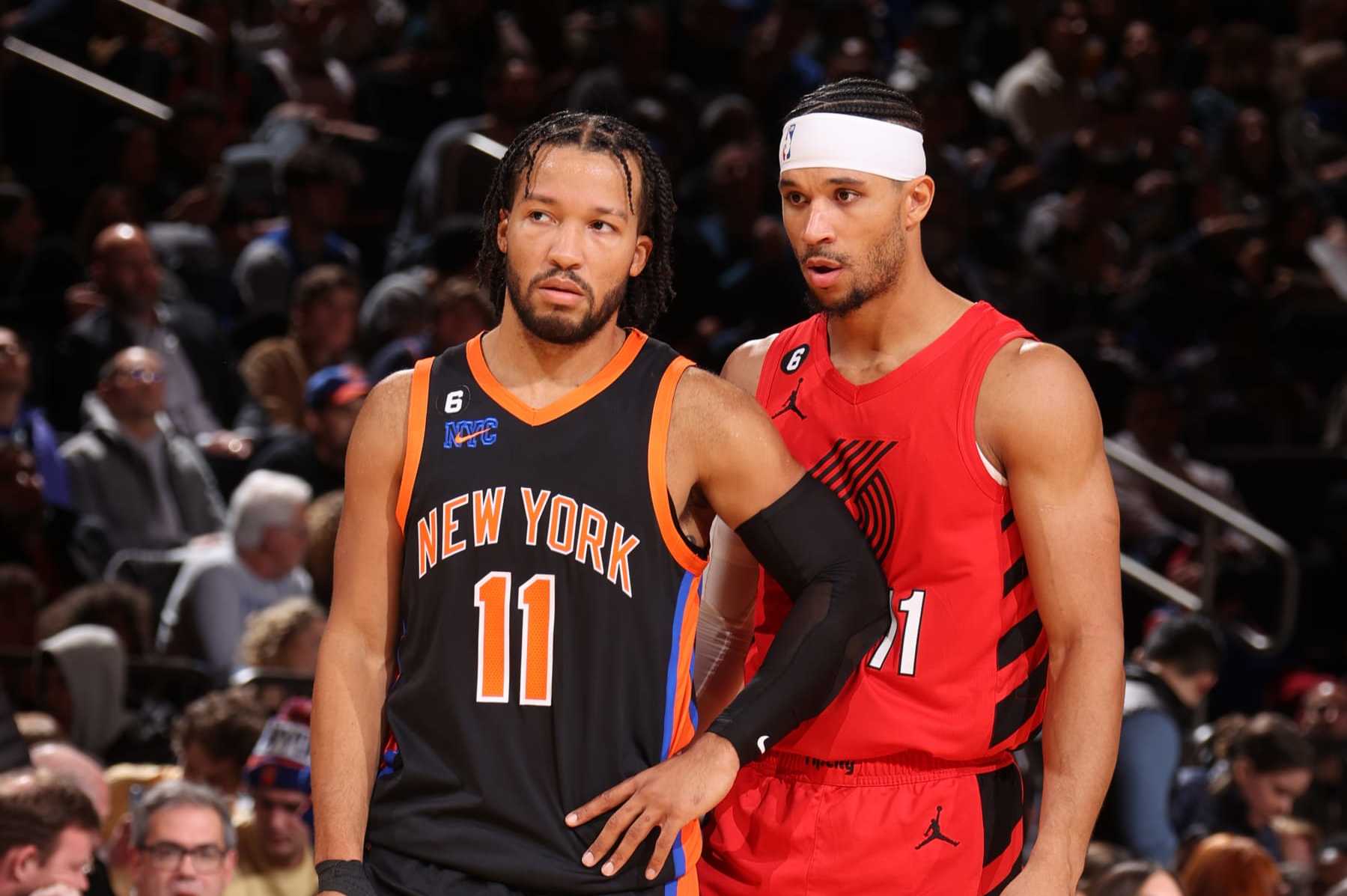 NEW YORK, NY - NOVEMBER 25: Jalen Brunson #11 of the New York Knicks talks to Josh Hart #11 of the Portland Trail Blazers during the game on November 25, 2022 at Madison Square Garden in New York City, New York. NOTE TO USER: User expressly acknowledges and agrees that, by downloading and or using this photograph, User is consenting to the terms and conditions of the Getty Images License Agreement. Mandatory Copyright Notice: Copyright 2022 NBAE (Photo by Nathaniel S. Butler/NBAE via Getty Images) NEW YORK, NY - NOVEMBER 25: Jalen Brunson #11 of the New York Knicks talks to Josh Hart #11 of the Portland Trail Blazers during the game on November 25, 2022 at Madison Square Garden in New York City, New York. NOTE TO USER: User expressly acknowledges and agrees that, by downloading and or using this photograph, User is consenting to the terms and conditions of the Getty Images License Agreement. Mandatory Copyright Notice: Copyright 2022 NBAE (Photo by Nathaniel S. Butler/NBAE via Getty Images)