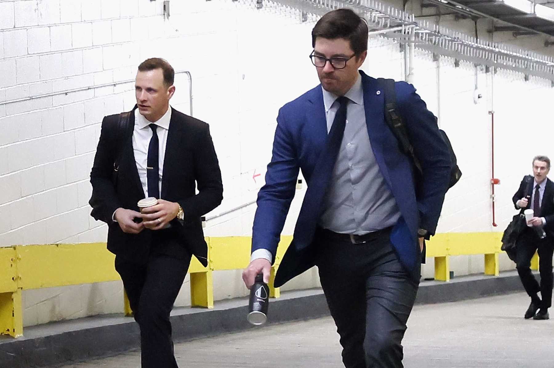 NEW YORK, NEW YORK - APRIL 13: (L-R) Jason Spezza and General Manager Kyle Dubas (R) of the Toronto Maple Leafs arrives for the game against the New York Rangers at Madison Square Garden on April 13, 2023 in New York City. (Photo by Bruce Bennett/Getty Images)
