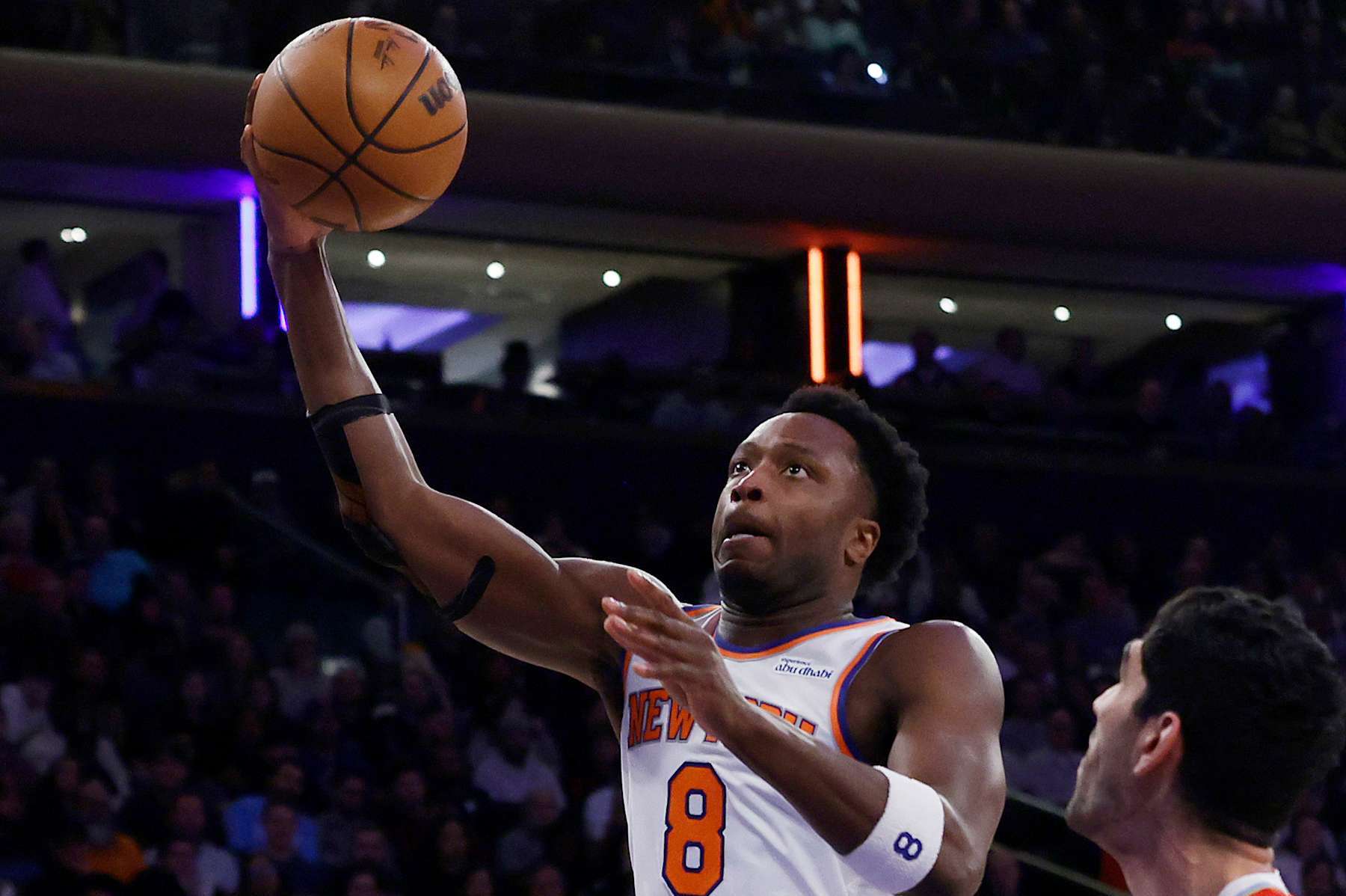 NEW YORK, NEW YORK - JANUARY 27: (NEW YORK DAILIES OUT)  OG Anunoby #8 of the New York Knicks in action against the Memphis Grizzlies at Madison Square Garden on January 27, 2025 in New York City. The Knicks defeated the Grizzlies 143-106. NOTE TO USER: User expressly acknowledges and agrees that, by downloading and or using this photograph, User is consenting to the terms and conditions of the Getty Images License Agreement.  (Photo by Jim McIsaac/Getty Images)
