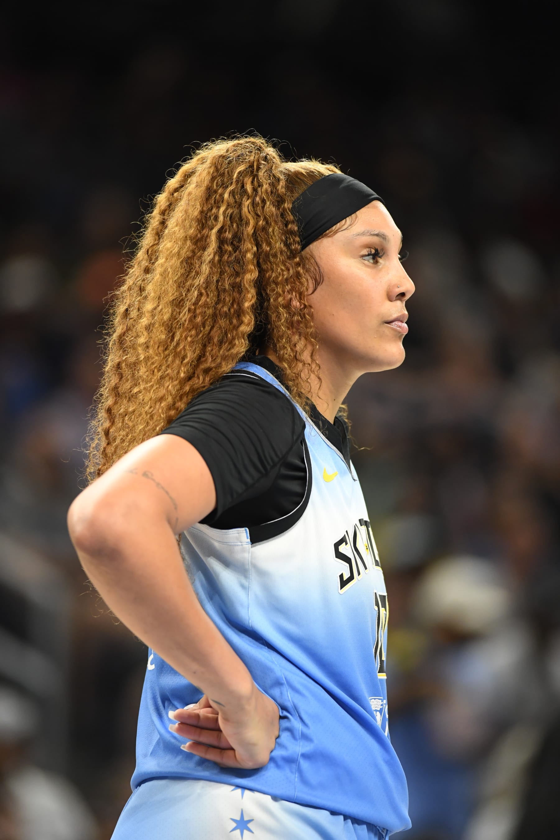 CHICAGO, IL -  JULY 13: Kamilla Cardoso #10 of the Chicago Sky looks on during the game against the New York Liberty on July 13, 2024 at the Wintrust Arena in Chicago, IL. NOTE TO USER: User expressly acknowledges and agrees that, by downloading and or using this photograph, User is consenting to the terms and conditions of the Getty Images License Agreement. Mandatory Copyright Notice: Copyright 2024 NBAE (Photo by Randy Belice/NBAE via Getty Images)