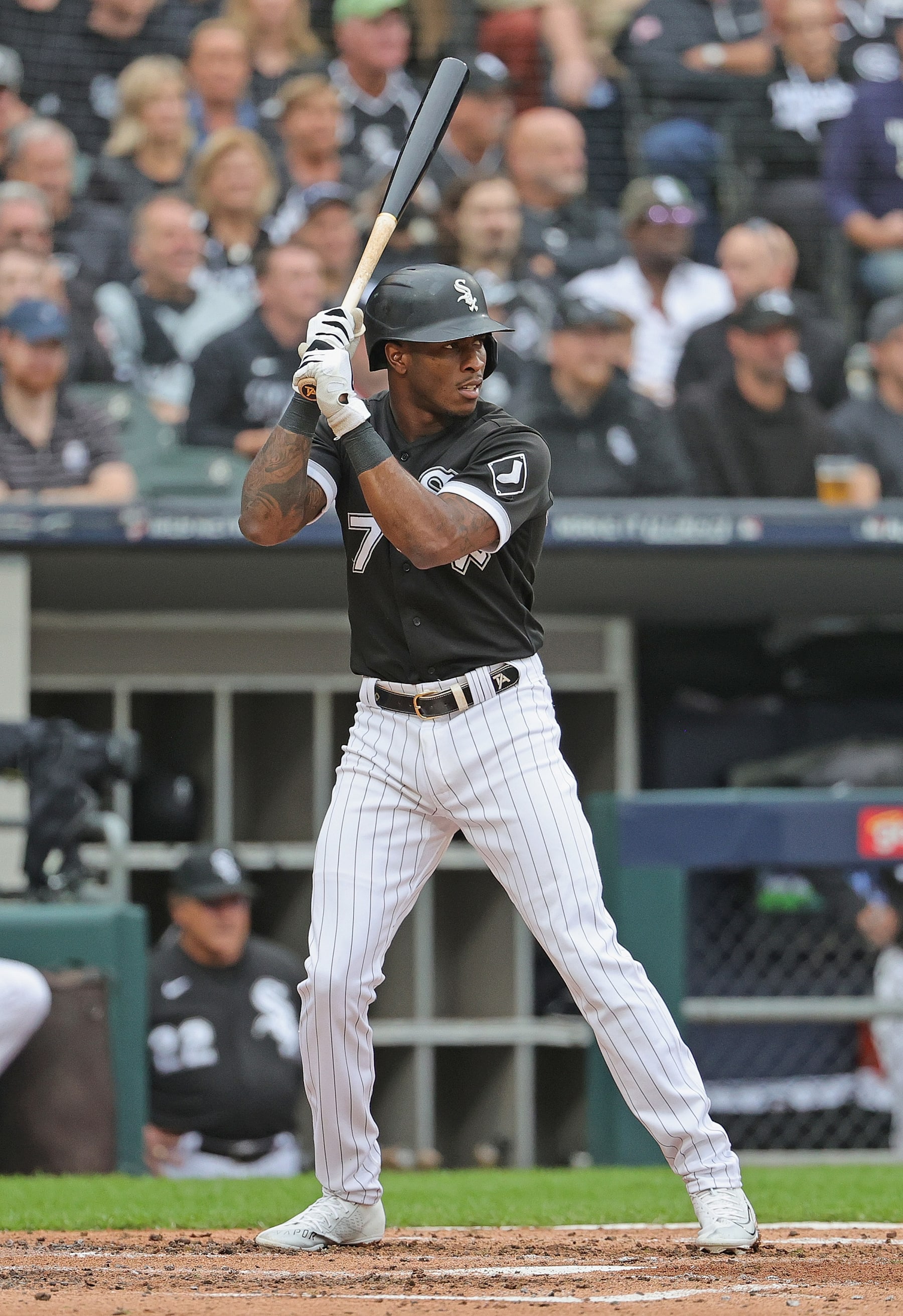 CHICAGO, ILLINOIS - OCTOBER 12: Tim Anderson #7 of the Chicago White Sox bats against the Houston Astros at Guaranteed Rate Field on October 12, 2021 in Chicago, Illinois. The Astros defeated the White Sox 10-1. (Photo by Jonathan Daniel/Getty Images)