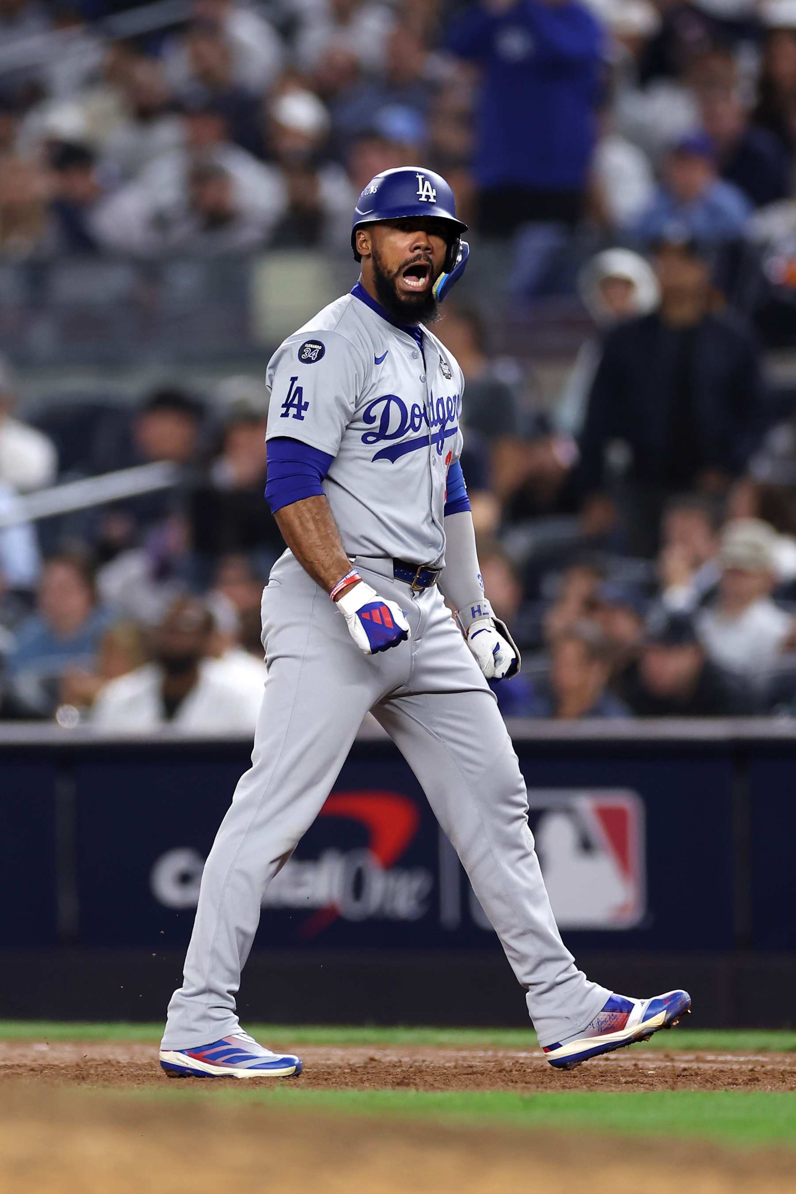 NEW YORK, NEW YORK - OCTOBER 30: Teoscar Hernández #37 of the Los Angeles Dodgers celebrates after a single during the ninth inning of Game Five of the 2024 World Series against the New York Yankees at Yankee Stadium on October 30, 2024 in the Bronx borough of New York City. (Photo by Sarah Stier/Getty Images) NEW YORK, NEW YORK - OCTOBER 30: Teoscar Hernández #37 of the Los Angeles Dodgers celebrates after a single during the ninth inning of Game Five of the 2024 World Series against the New York Yankees at Yankee Stadium on October 30, 2024 in the Bronx borough of New York City. (Photo by Sarah Stier/Getty Images)
