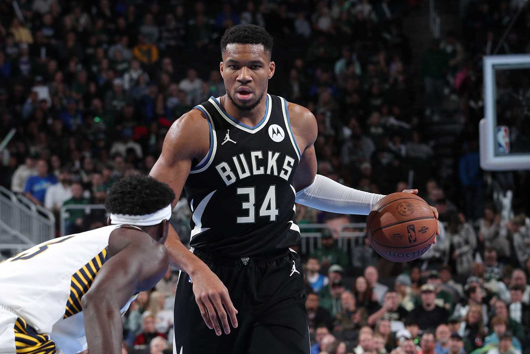 MILWAUKEE, WI - NOVEMBER 22:  Giannis Antetokounmpo #34 of the Milwaukee Bucks dribbles the ball during the game against the Indiana Pacers during a Emirates NBA Cup on November 22, 2024 at Fiserv Forum Center in Milwaukee, Wisconsin. NOTE TO USER: User expressly acknowledges and agrees that, by downloading and or using this Photograph, user is consenting to the terms and conditions of the Getty Images License Agreement. Mandatory Copyright Notice: Copyright 2024 NBAE (Photo by Gary Dineen/NBAE via Getty Images).