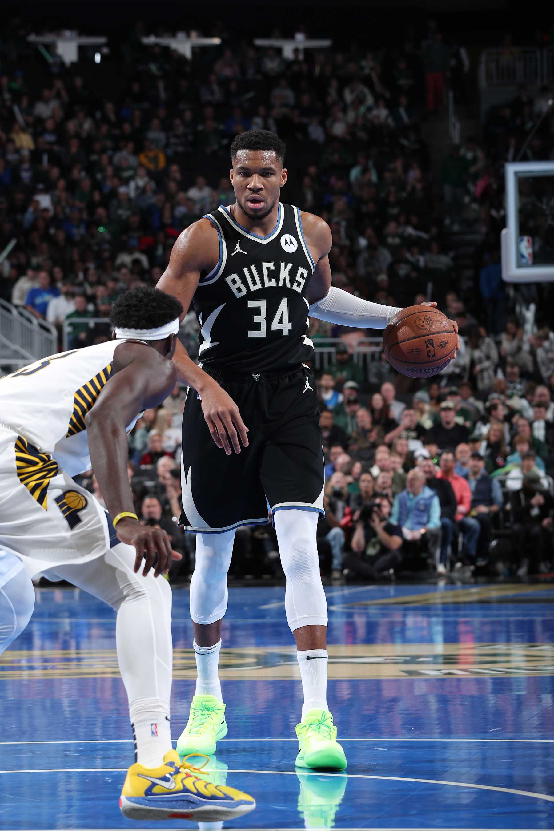 MILWAUKEE, WI - NOVEMBER 22:  Giannis Antetokounmpo #34 of the Milwaukee Bucks dribbles the ball during the game against the Indiana Pacers during a Emirates NBA Cup on November 22, 2024 at Fiserv Forum Center in Milwaukee, Wisconsin. NOTE TO USER: User expressly acknowledges and agrees that, by downloading and or using this Photograph, user is consenting to the terms and conditions of the Getty Images License Agreement. Mandatory Copyright Notice: Copyright 2024 NBAE (Photo by Gary Dineen/NBAE via Getty Images).