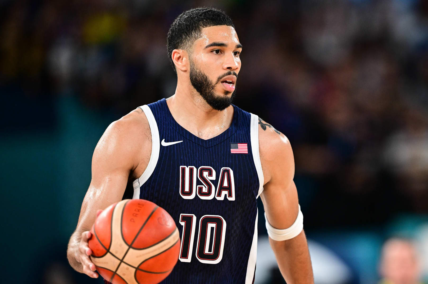 PARIS, FRANCE - AUGUST 06: Jayson Tatum of USA in action during the quarterfinal between USA and Brazil on day eleven of the Olympic Games Paris 2024 at Bercy Arena on August 06, 2024 in Paris, France. (Photo by Mehmet Murat Onel/Anadolu via Getty Images)