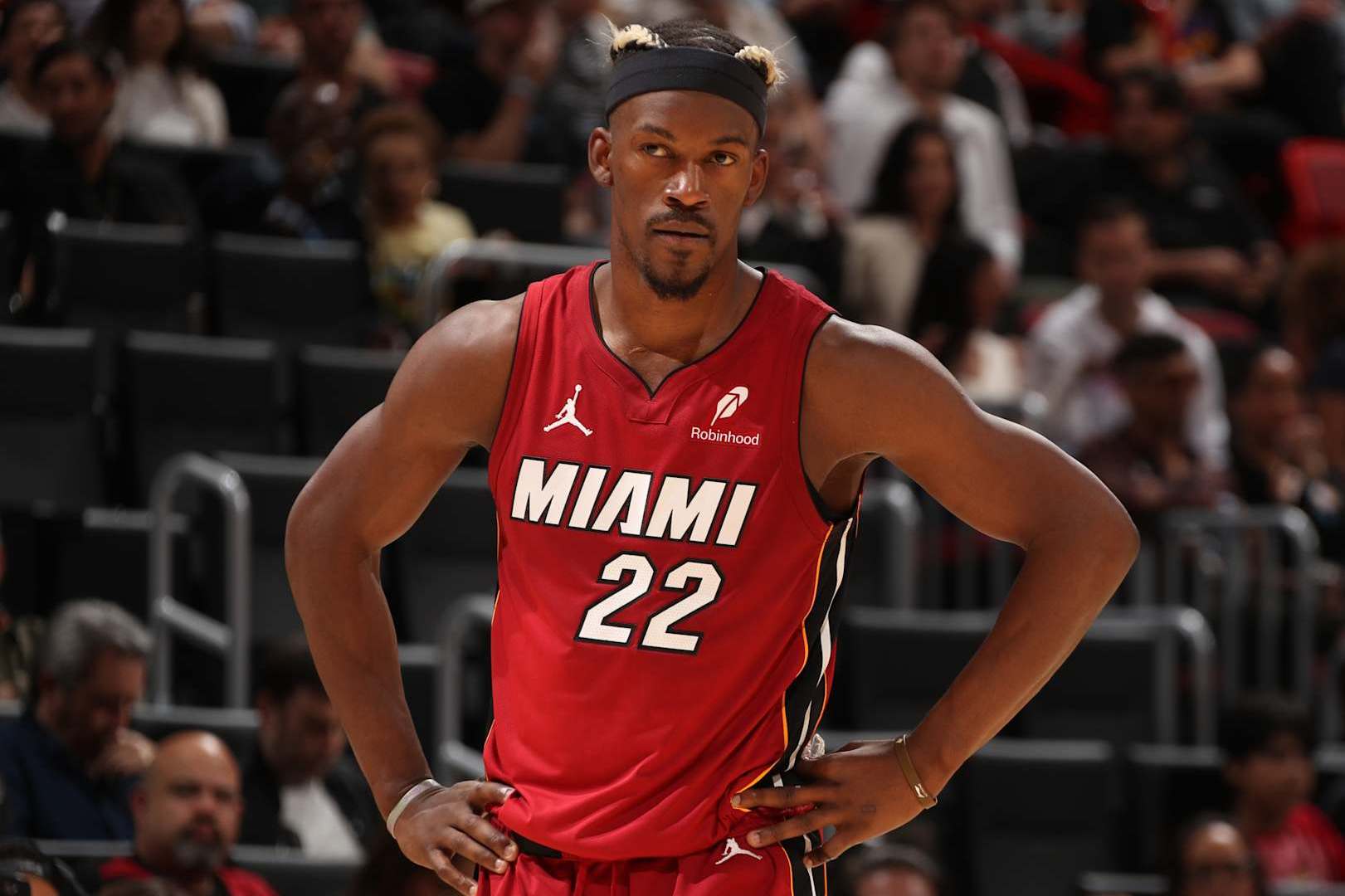 MIAMI, FL - JANUARY 21:  Jimmy Butler #22 of the Miami Heat during the game against the Portland Trail Blazers on January 21, 2025 at Kaseya Center in Miami, Florida. NOTE TO USER: User expressly acknowledges and agrees that, by downloading and or using this Photograph, user is consenting to the terms and conditions of the Getty Images License Agreement. Mandatory Copyright Notice: Copyright 2025 NBAE (Photo by Issac Baldizon/NBAE via Getty Images)