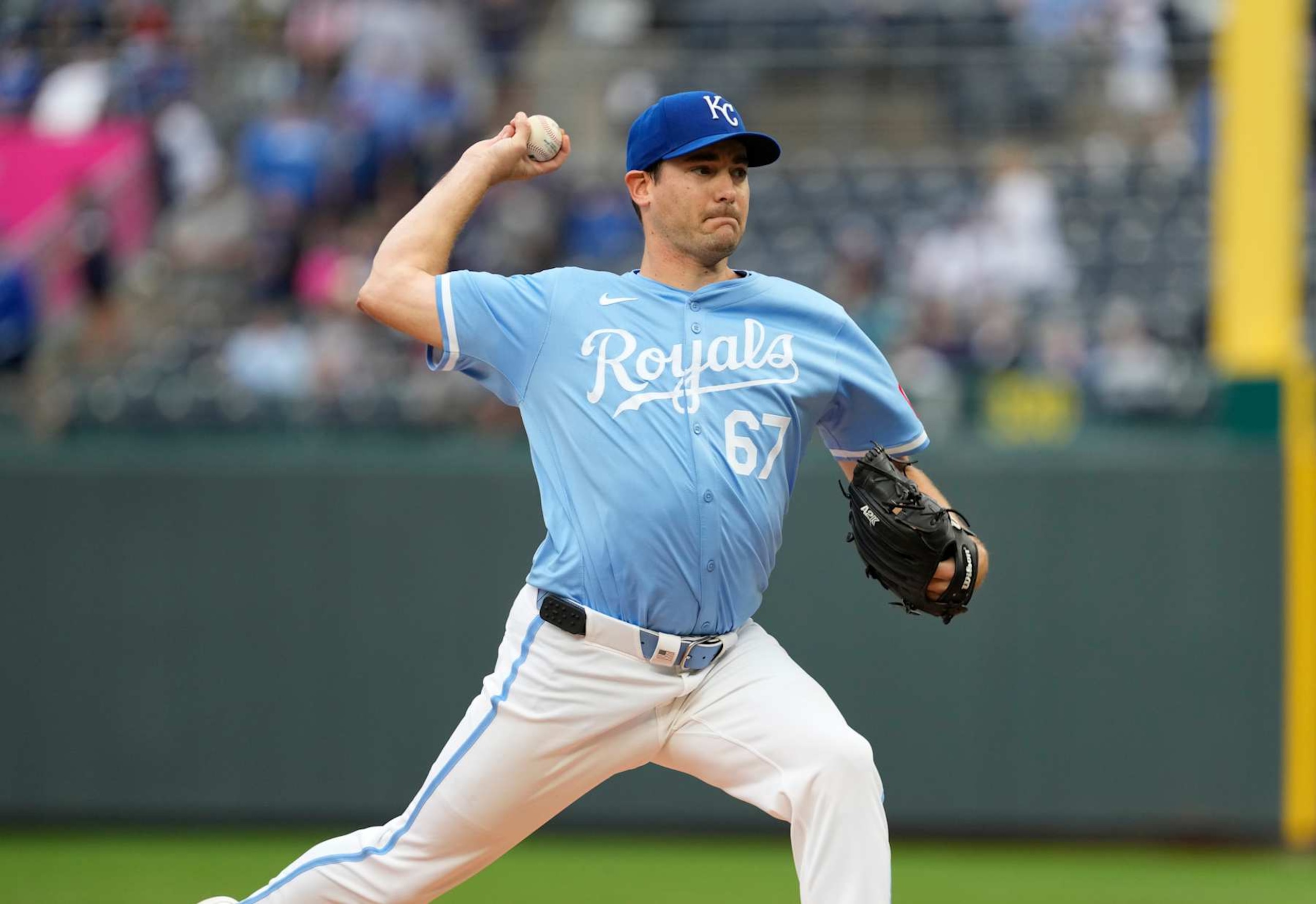 KANSAS CITY, MISSOURI - SEPTEMBER 22:  Seth Lugo #67 of the Kansas City Royals warms up prior to throwing in the first inning against the San Francisco Giants at Kauffman Stadium on September 22, 2024 in Kansas City, Missouri. (Photo by Ed Zurga/Getty Images)