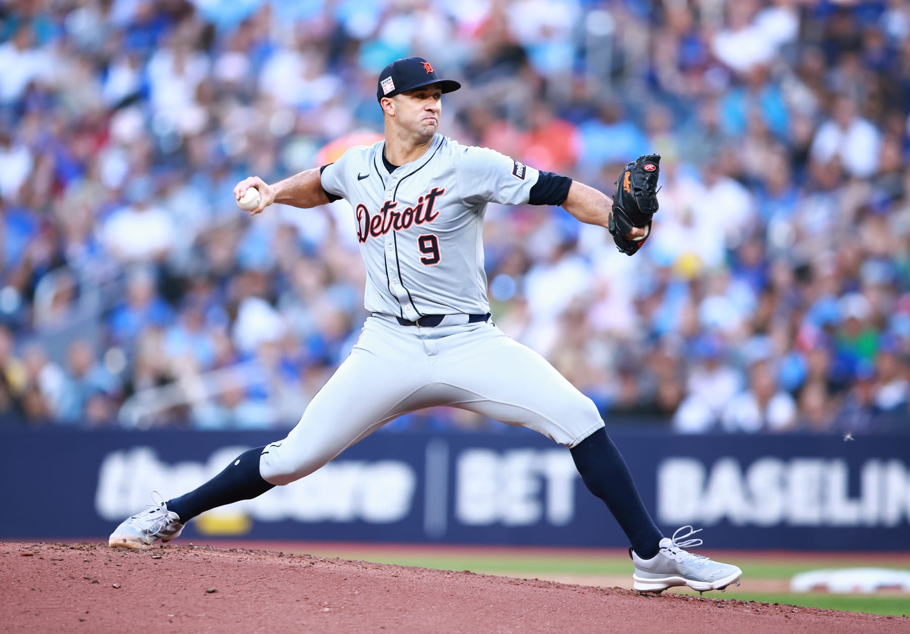 TORONTO, ON - JULY 19:  Jack Flaherty #9 of the Detroit Tigers delivers a pitch during a game against the Toronto Blue Jays at Rogers Centre on July 19, 2024 in Toronto, Ontario, Canada.  (Photo by Vaughn Ridley/Getty Images)