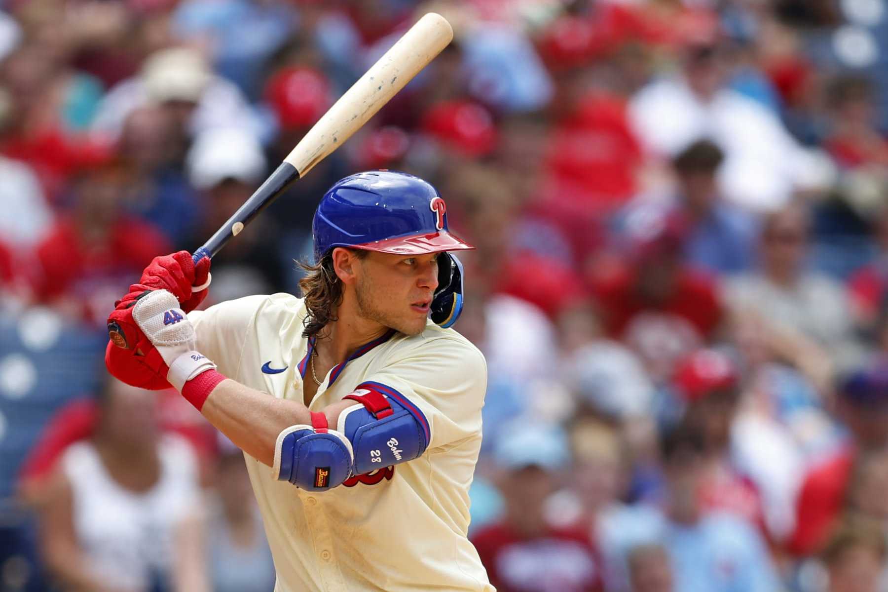 PHILADELPHIA, PENNSYLVANIA - JUNE 30: Alec Bohm #28 of the Philadelphia Phillies in action against the Miami Marlins during a game at Citizens Bank Park on June 30, 2024 in Philadelphia, Pennsylvania. (Photo by Rich Schultz/Getty Images)