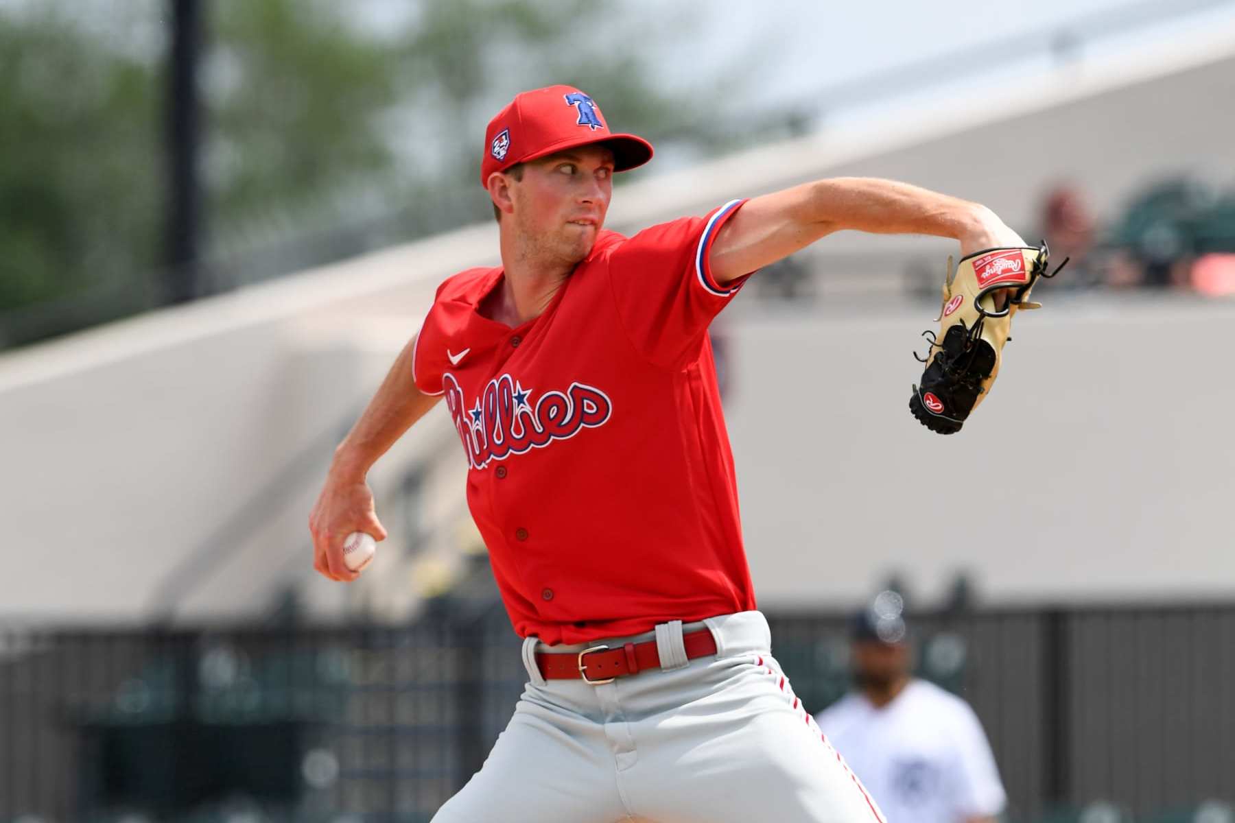 LAKELAND, FLORIDA - MARCH 16, 2024: Michael Mercado #63 of the Philadelphia Phillies throws a pitch during the third inning of a spring training Spring Breakout game against the Detroit Tigers at Publix Field at Joker Marchant Stadium on March 16, 2024 in Lakeland, Florida. (Photo by George Kubas/Diamond Images via Getty Images)