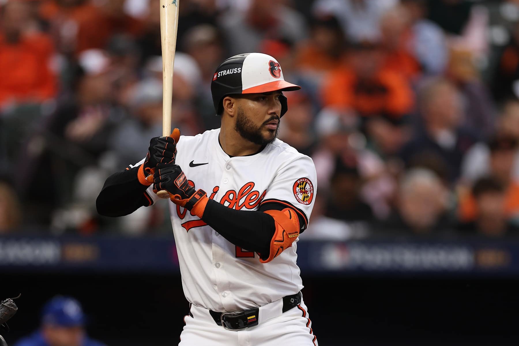 BALTIMORE, MARYLAND - OCTOBER 01: Anthony Santander #25 of the Baltimore Orioles bats against the Kansas City Royals in Game One of the Wild Card Series at Oriole Park at Camden Yards on October 01, 2024 in Baltimore, Maryland. (Photo by Patrick Smith/Getty Images)