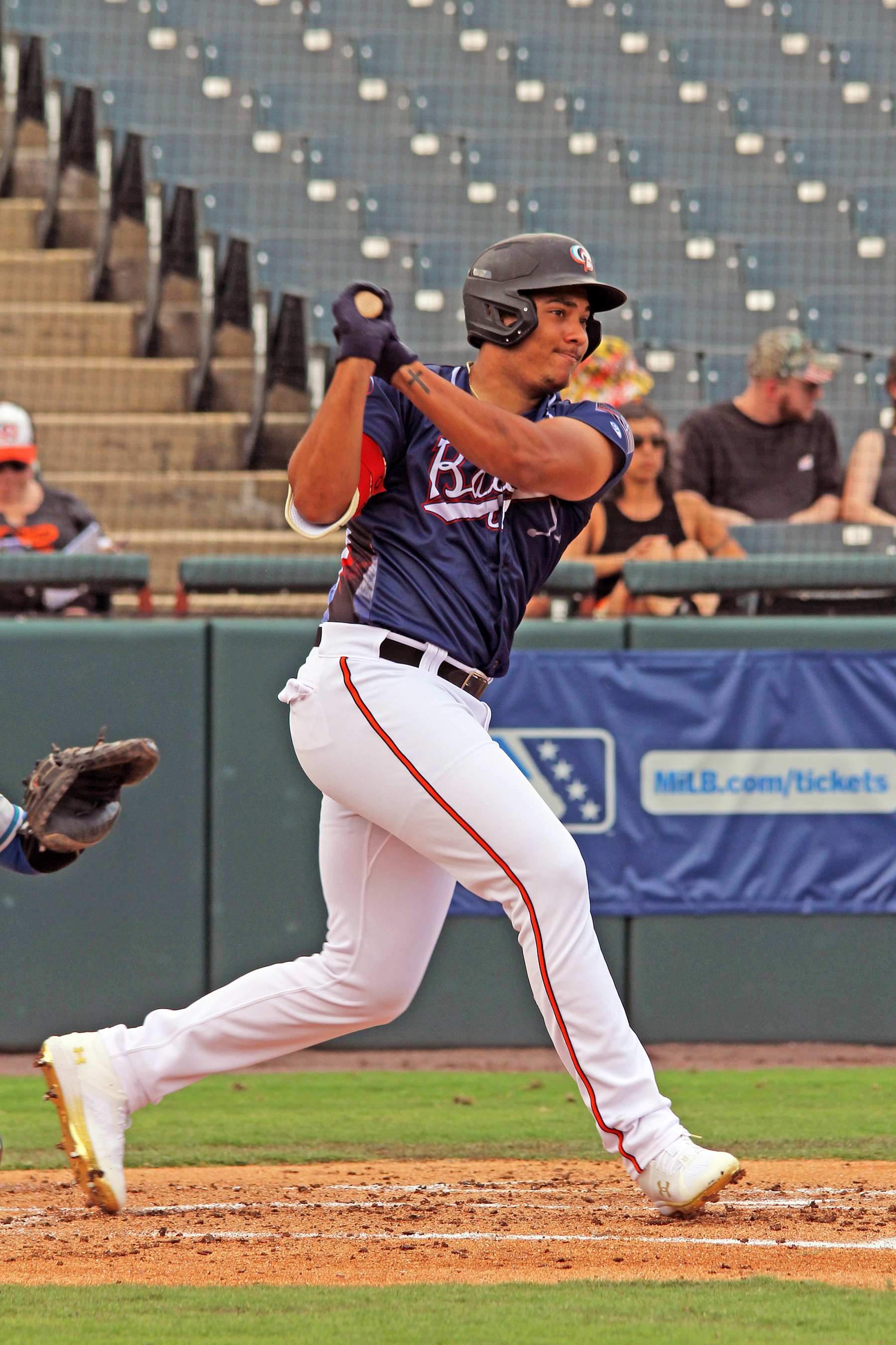 BOWIE, MARYLAND - JULY 21, 2024: Samuel Basallo #7 of the Bowie Baysox, double-A affiliate of the Baltimore Orioles, bats during an Eastern League game against the Hartford Yard Goats, double-A affiliate of the Colorado Rockies, at Prince George's Stadium on July 21, 2024 in Bowie, Maryland.  The Yard Goats beat the Baysox, 7-1. (Photo by: Rodger Wood/Diamond Images via Getty Images)