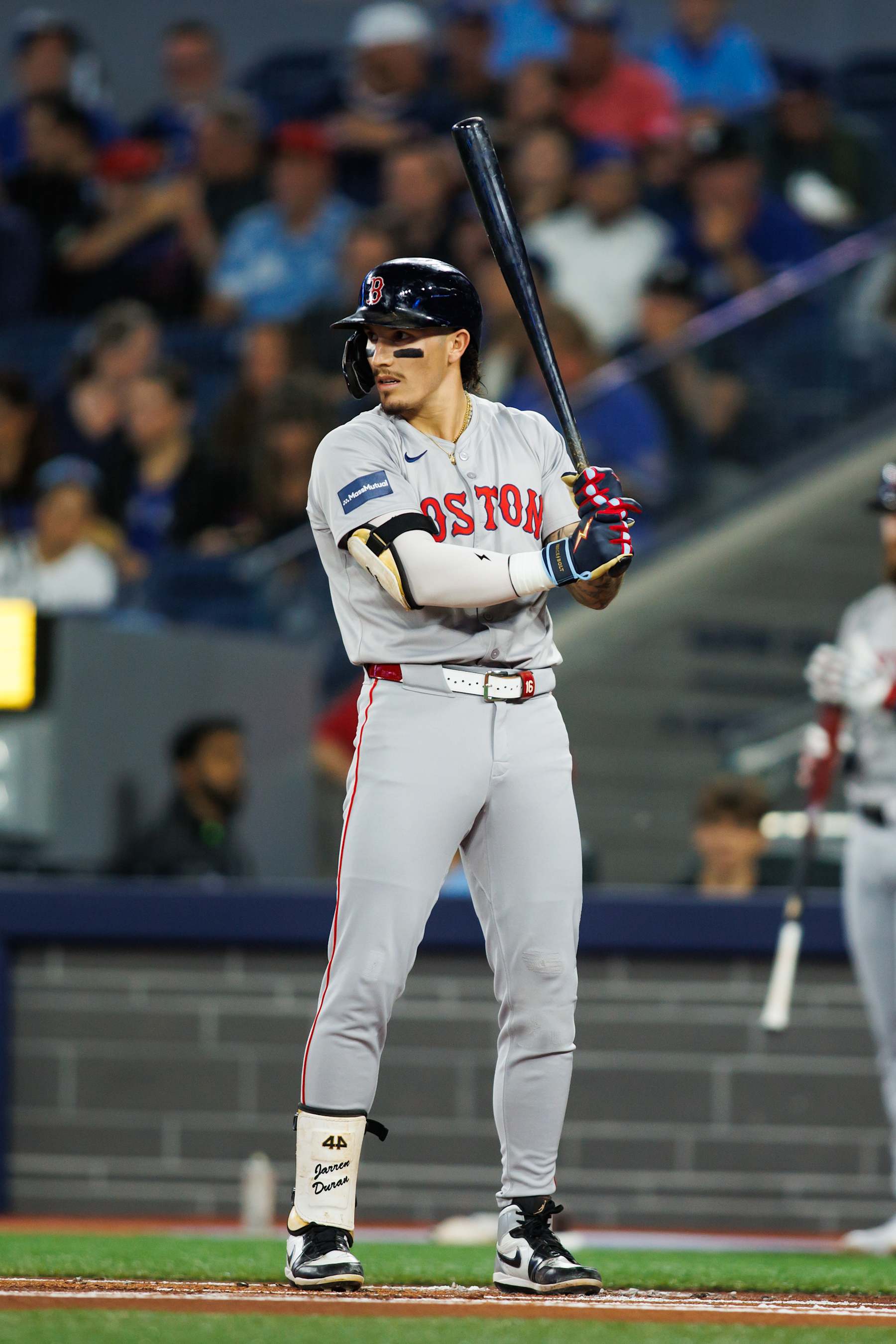 TORONTO, CANADA - SEPTEMBER 23: Jarren Duran #16 of the Boston Red Sox at bat during their MLB game against the Toronto Blue Jays at Rogers Centre on September 23, 2024 in Toronto, Ontario, Canada. (Photo by Cole Burston/Getty Images)