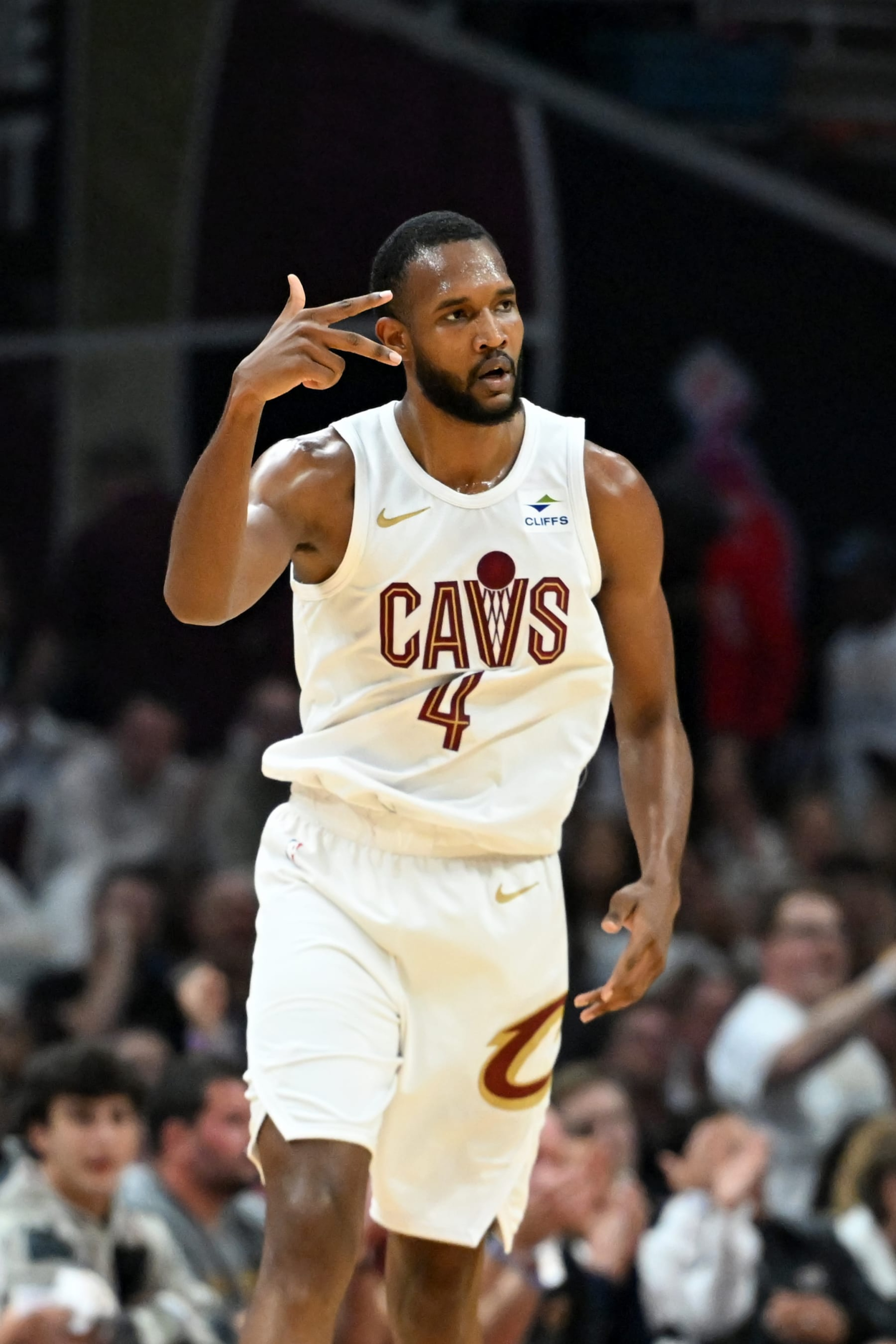 CLEVELAND, OHIO - MAY 13: Evan Mobley #4 of the Cleveland Cavaliers celebrates making a three-point basket during the first half of Game Four of the Eastern Conference Second Round Playoffs against the Boston Celtics at Rocket Mortgage Fieldhouse on May 13, 2024 in Cleveland, Ohio. NOTE TO USER: User expressly acknowledges and agrees that, by downloading and or using this photograph, User is consenting to the terms and conditions of the Getty Images License Agreement. (Photo by Nick Cammett/Getty Images)