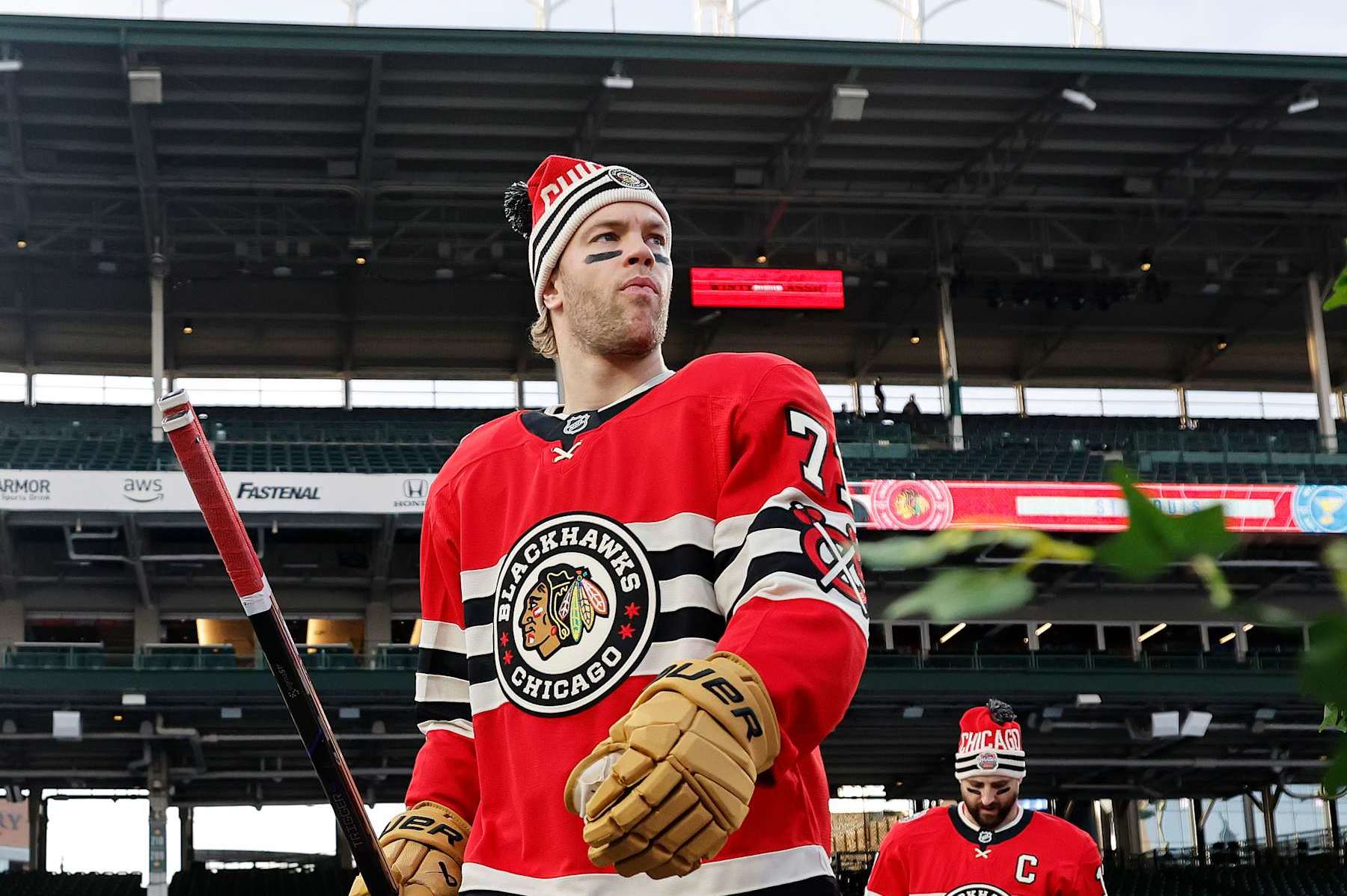 CHICAGO, ILLINOIS - DECEMBER 30: Taylor Hall #71 of the Chicago Blackhawks takes the ice before practice prior to the 2024 NHL Winter Classic against the St. Louis Blues at Wrigley Field on December 30, 2024 in Chicago, Illinois. (Photo by Michael Reaves/Getty Images)