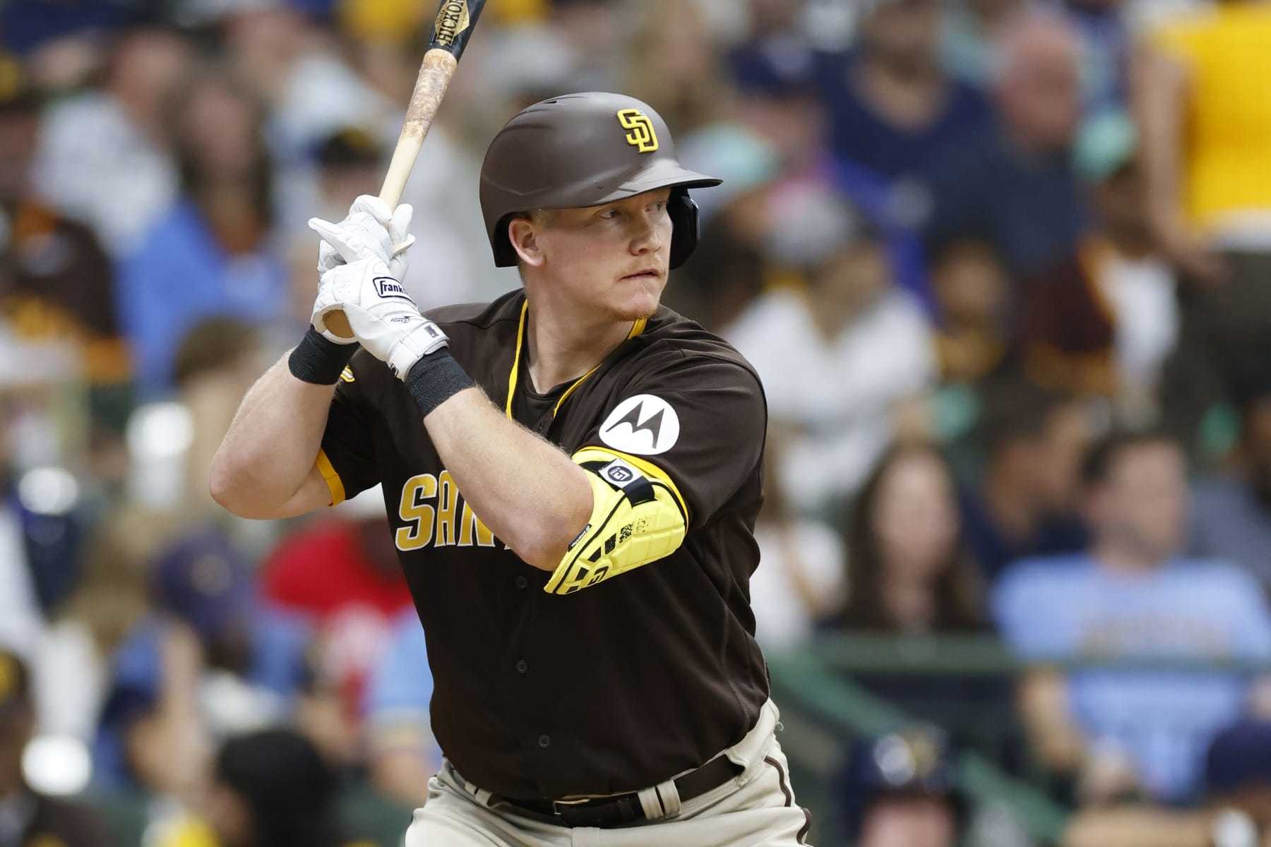 MILWAUKEE, WI - AUGUST 26: San Diego Padres first baseman Garrett Cooper (24) bats during an MLB game against the Milwaukee Brewers on August 26, 2023 at American Family Field in Milwaukee, Wisconsin. (Photo by Joe Robbins/Icon Sportswire via Getty Images)