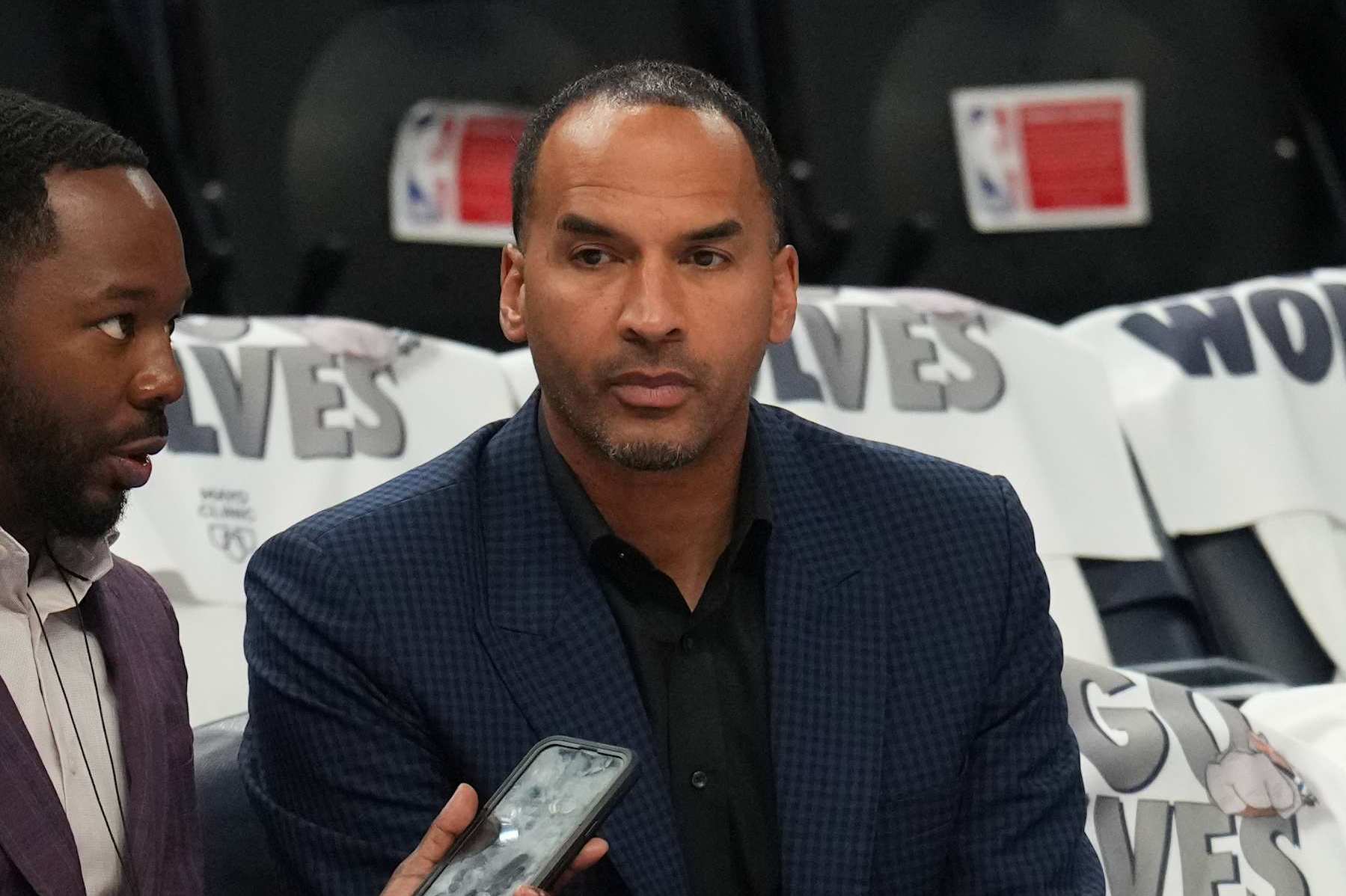 MINNEAPOLIS, MN -  MAY 24: General manager Nico Harrison of the Dallas Mavericks sits court side during the game against the Minnesota Timberwolves during Game 2 of the Western Conference Finals of the 2024 NBA Playoffs on February 24, 2024 at Target Center in Minneapolis, Minnesota. NOTE TO USER: User expressly acknowledges and agrees that, by downloading and or using this Photograph, user is consenting to the terms and conditions of the Getty Images License Agreement. Mandatory Copyright Notice: Copyright 2024 NBAE (Photo by Jesse D. Garrabrant/NBAE via Getty Images)