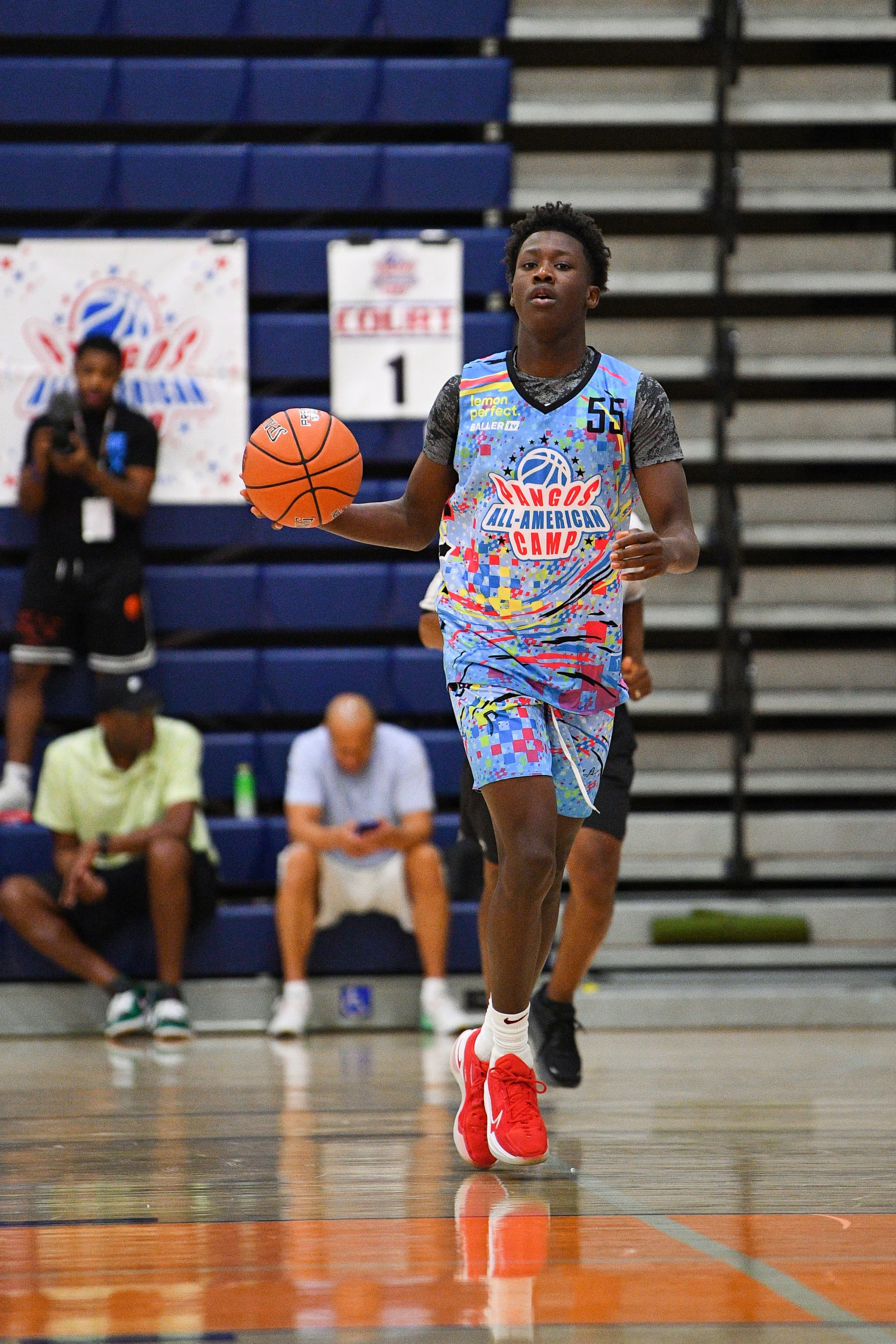 LAS VEGAS, NV - JUNE 05: Joson Sanon dribbles up the court during the Pangos All-American Camp on June 5, 2023 at the Bishop Gorman High School in Las Vegas, NV. (Photo by Brian Rothmuller/Icon Sportswire via Getty Images)
