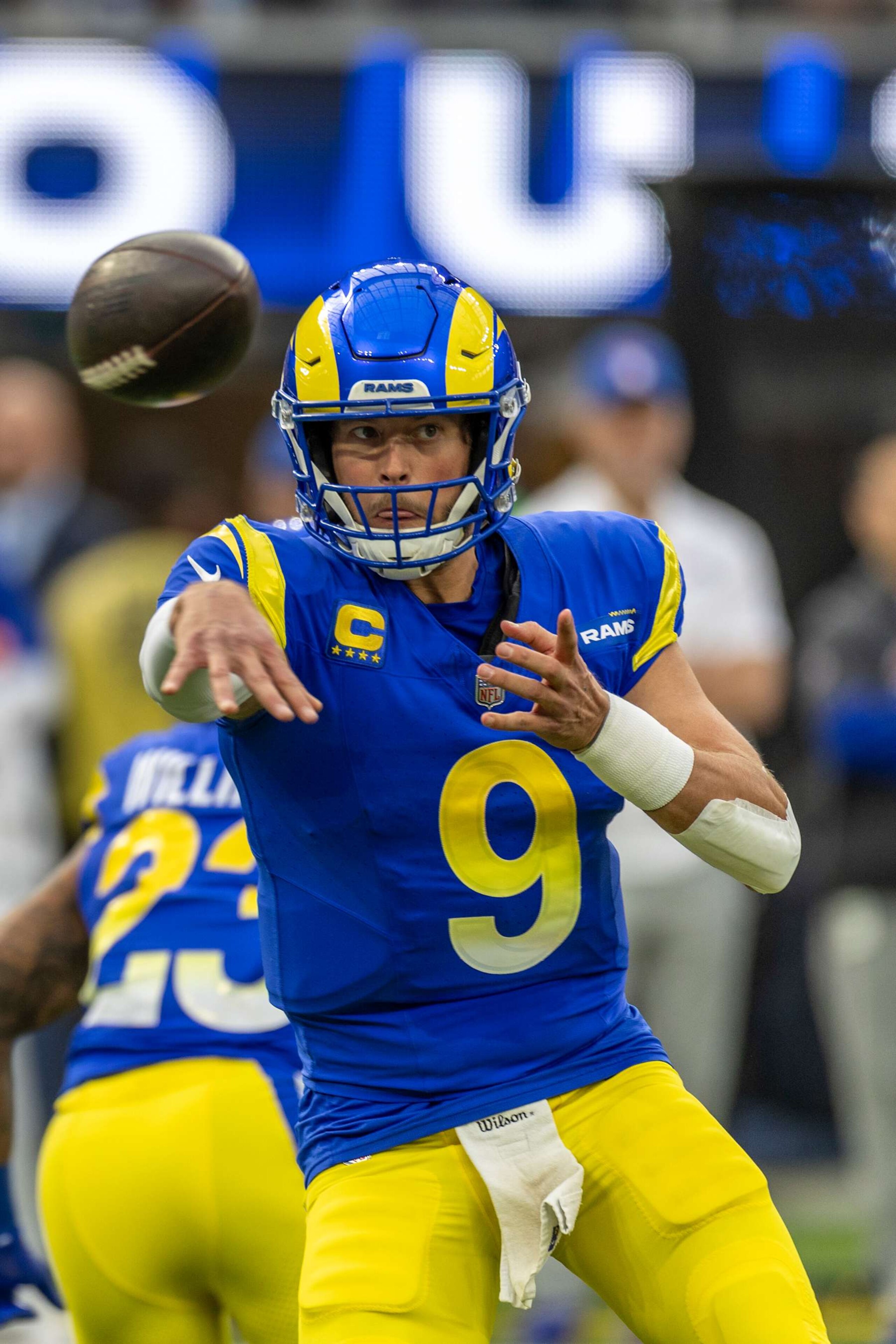 INGLEWOOD, CA - DECEMBER 08: Los Angeles Rams quarterback Matthew Stafford (9) throws a pass in the first half of an NFL football game between the Buffalo Bills and Los Angeles Rams at SoFi Stadium, December 8, 2024, in Inglewood, California. (Photo by Tony Ding/Icon Sportswire via Getty Images)
