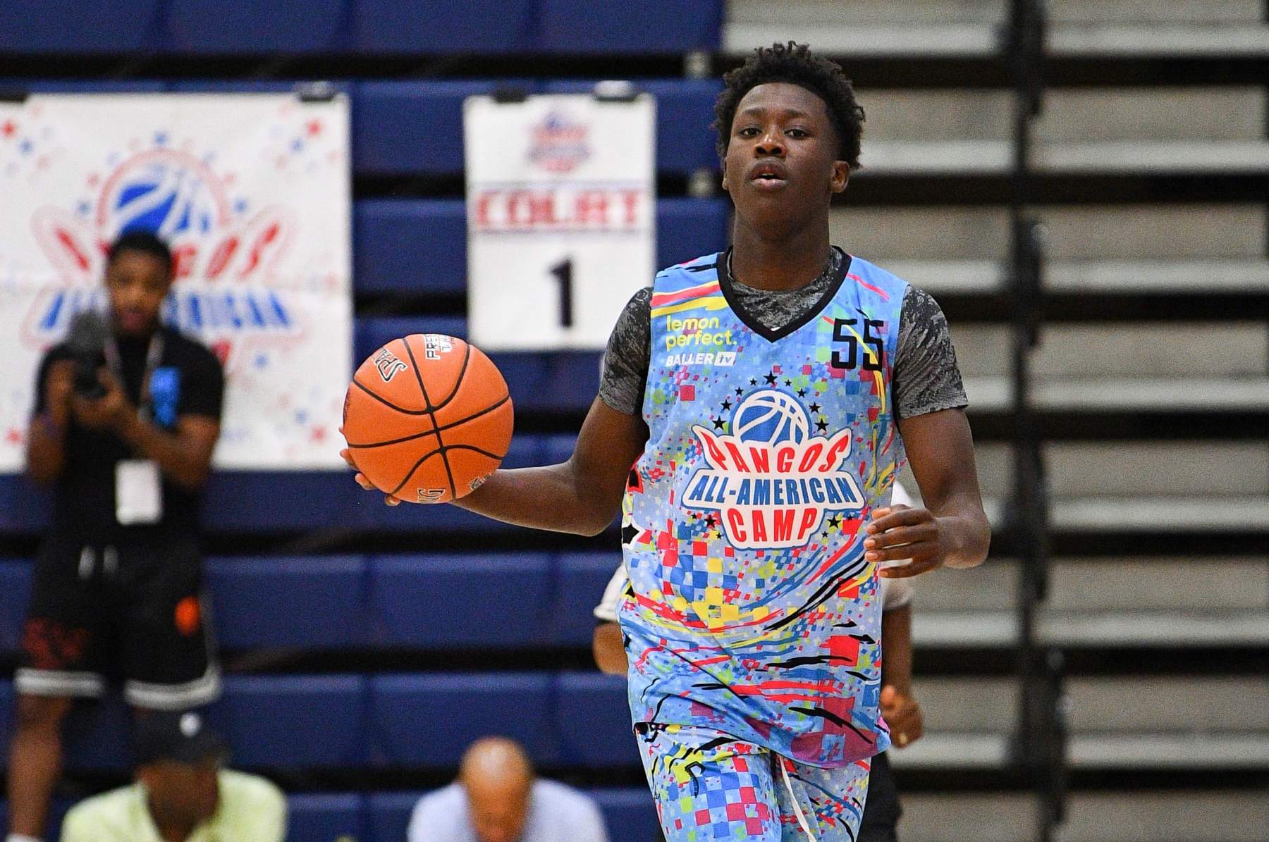 LAS VEGAS, NV - JUNE 05: Joson Sanon dribbles up the court during the Pangos All-American Camp on June 5, 2023 at the Bishop Gorman High School in Las Vegas, NV. (Photo by Brian Rothmuller/Icon Sportswire via Getty Images)