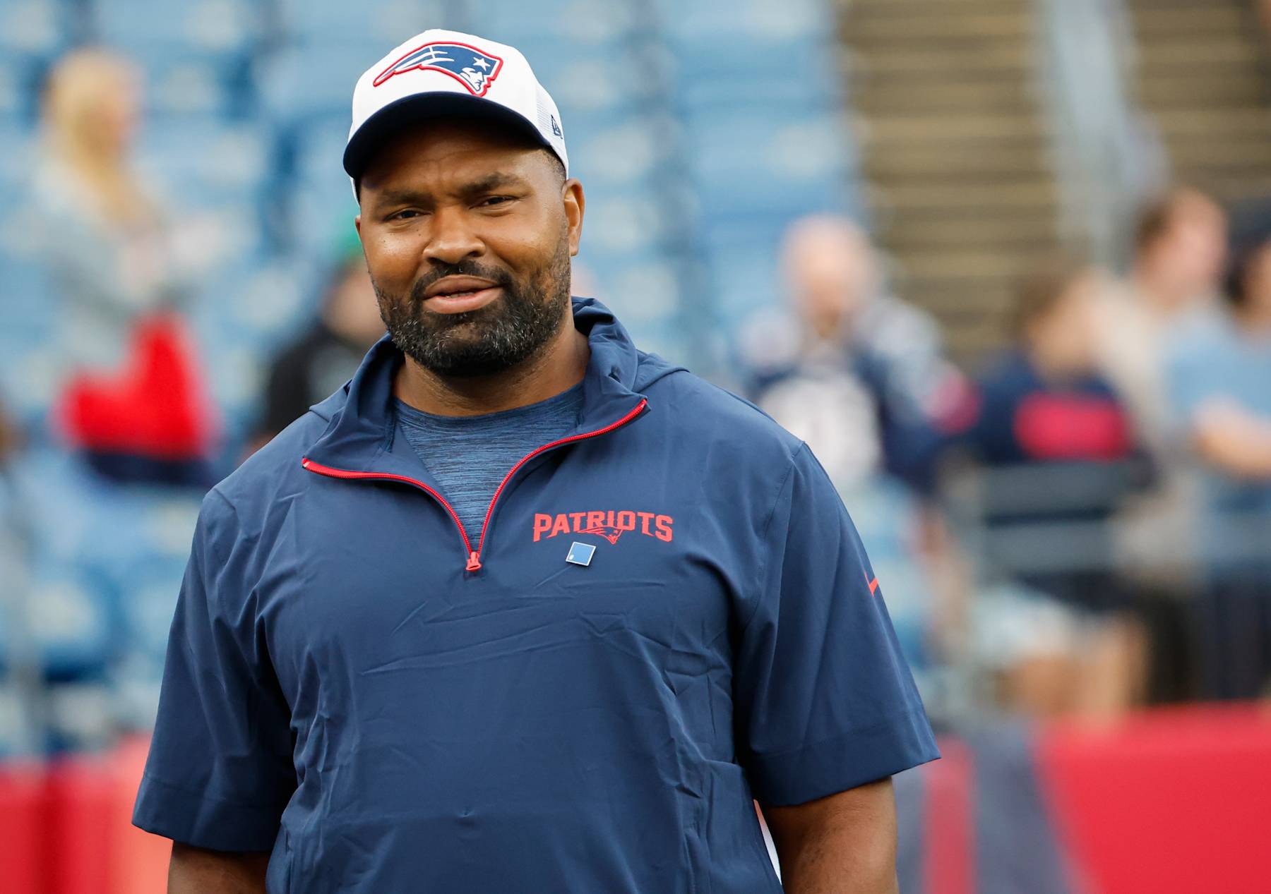 Foxborough, MA - August 15: New England Patriots head coach Jerod Mayo walks the sidelines before the game. (Photo by Matthew J. Lee/The Boston Globe via Getty Images)