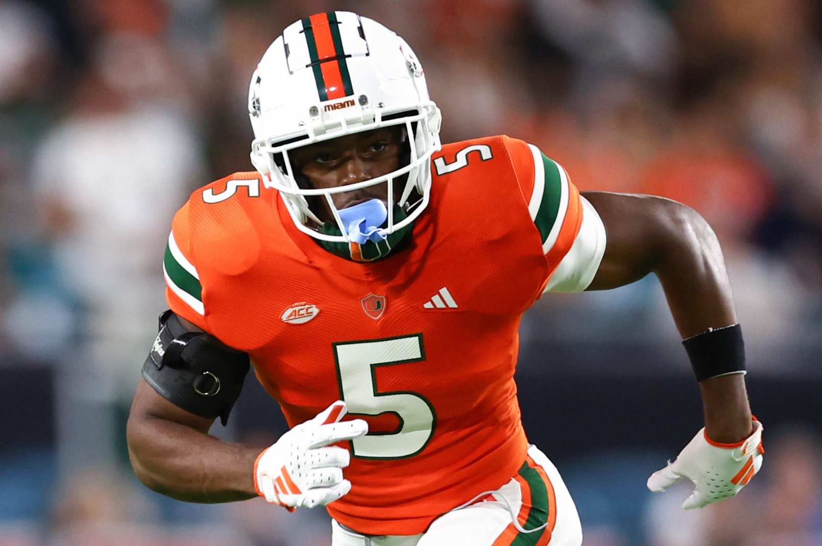 MIAMI GARDENS, FLORIDA - OCTOBER 21: Kamren Kinchens #5 of the Miami Hurricanes in action against the Clemson Tigers during the first half of the game at Hard Rock Stadium on October 21, 2023 in Miami Gardens, Florida. (Photo by Megan Briggs/Getty Images)