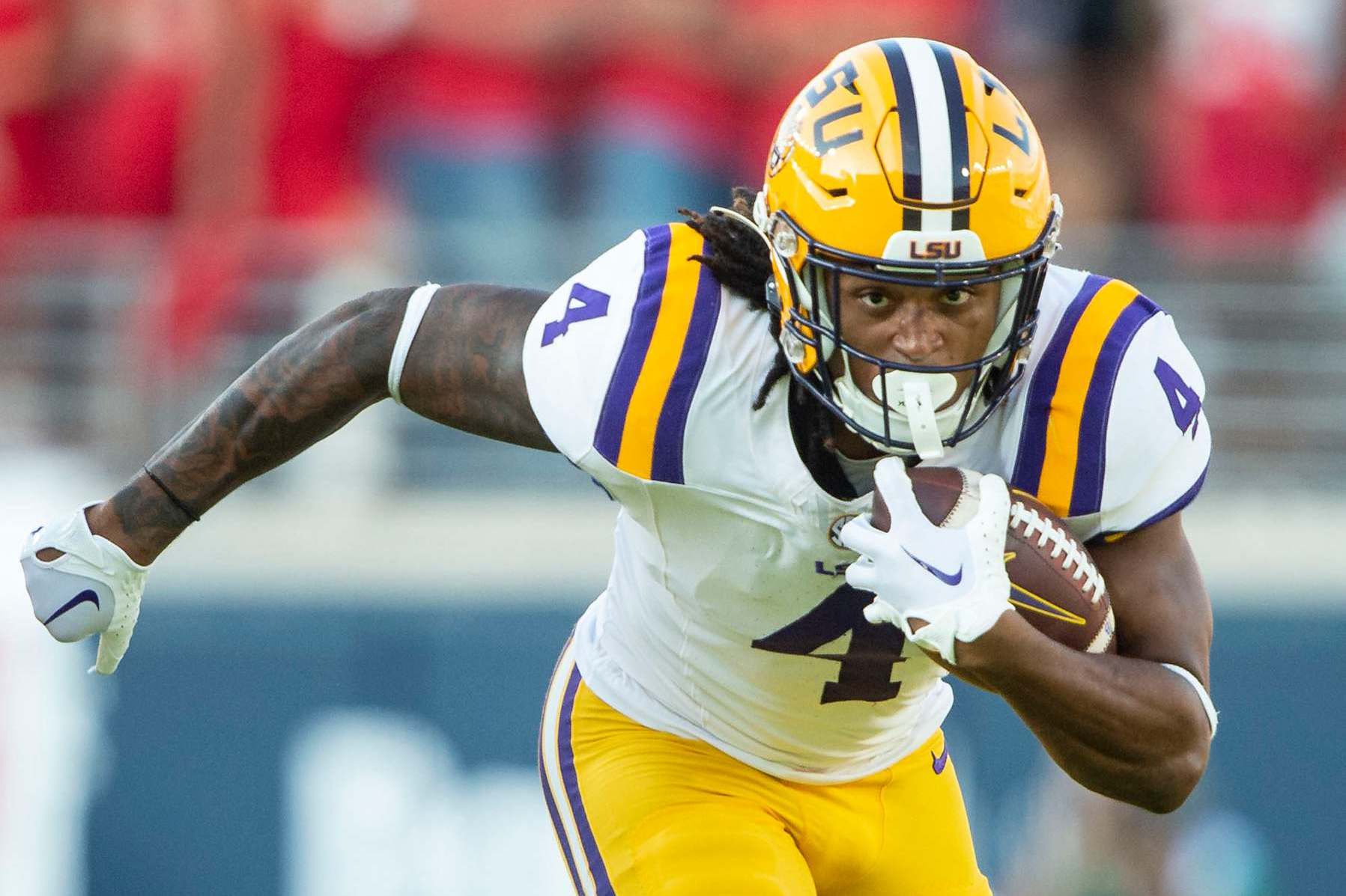 OXFORD, MISSISSIPPI - SEPTEMBER 30: Running back John Emery Jr. #4 of the LSU Tigers during their game against the Mississippi Rebels at Vaught-Hemingway Stadium on September 30, 2023 in Oxford, Mississippi. (Photo by Michael Chang/Getty Images)