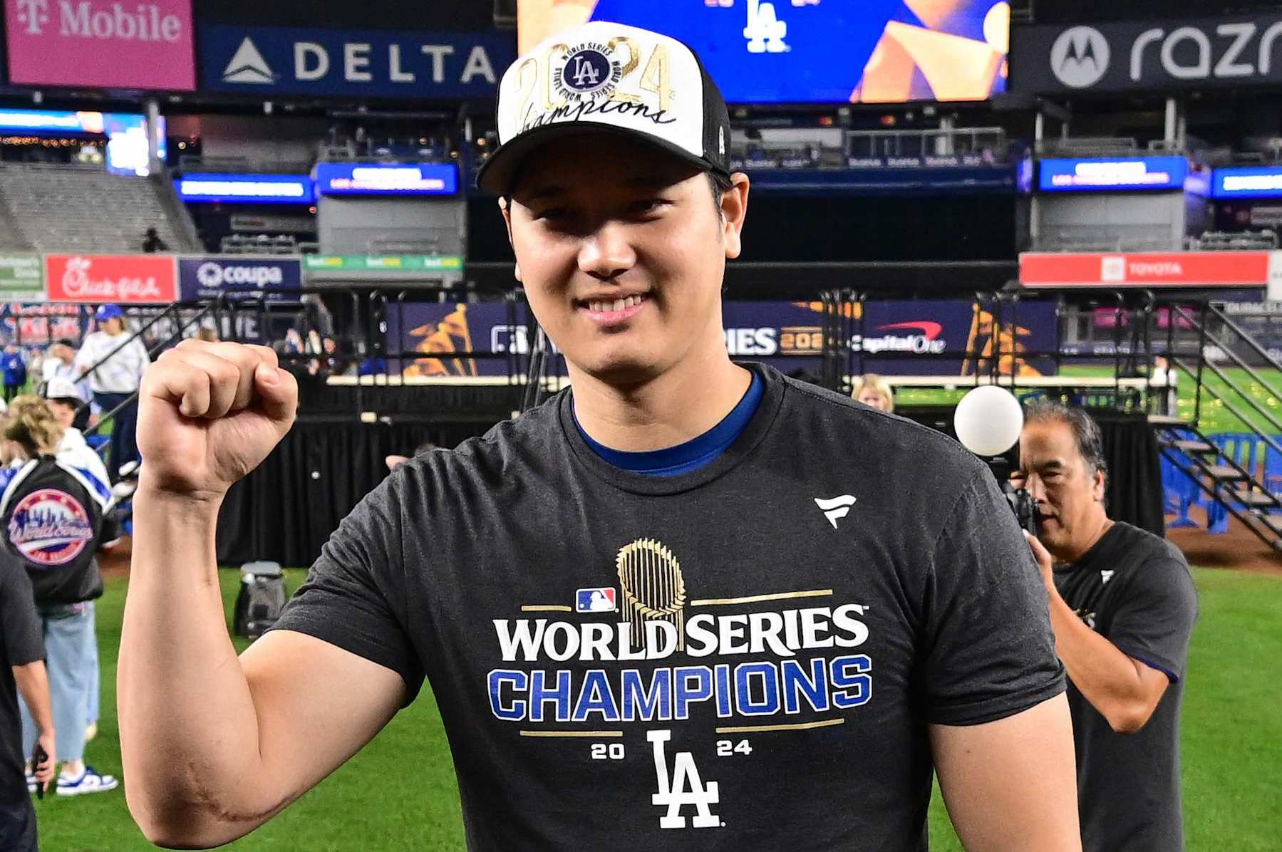 NEW YORK, NY - OCTOBER 30:   Shohei Ohtani #17 of the Los Angeles Dodgers celebrates on the field after the Dodgers won Game 5 to win the 2024 World Series presented by Capital One between the Los Angeles Dodgers and the New York Yankees at Yankee Stadium on Wednesday, October 30, 2024 in New York, New York. (Photo by Mike Lawrence/MLB Photos via Getty Images)