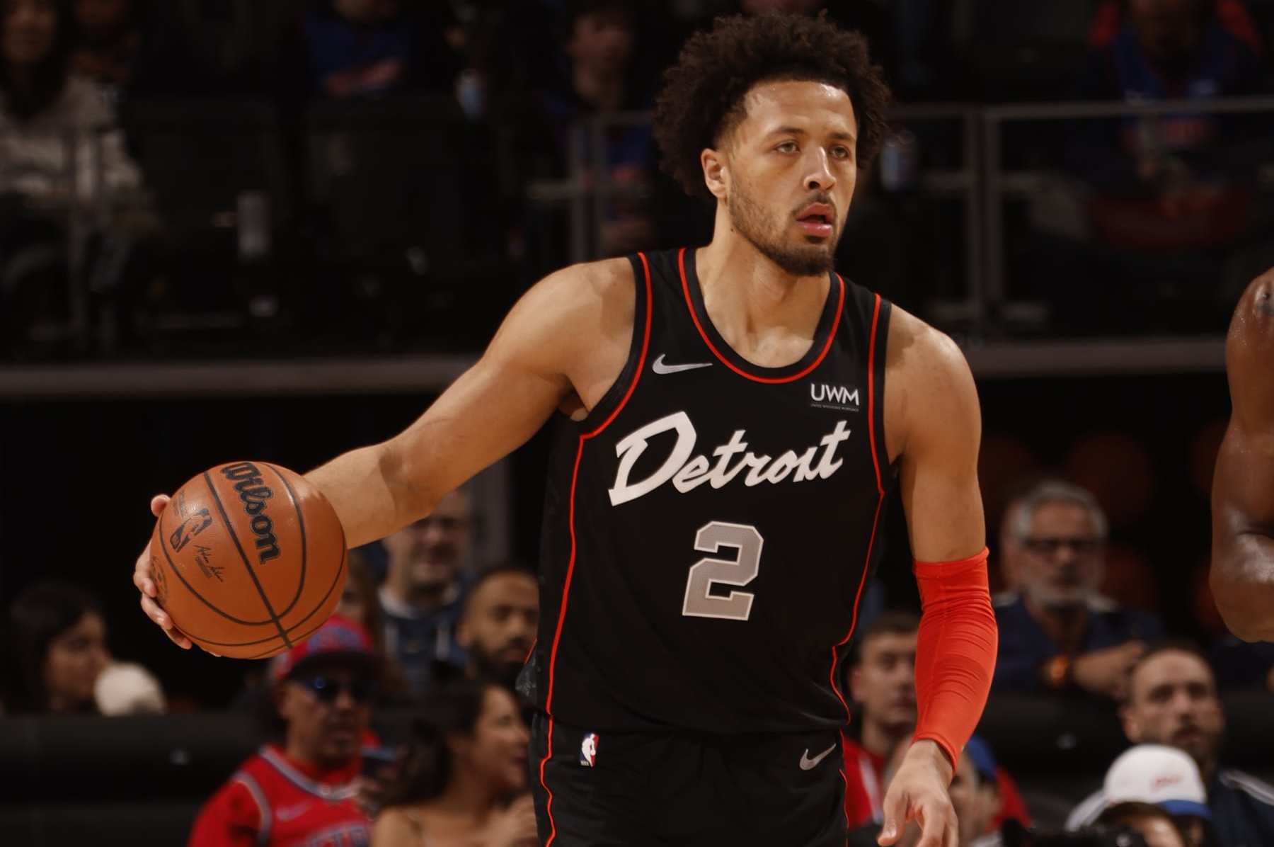 DETROIT, MI - DECEMBER 26:  Cade Cunningham #2 of the Detroit Pistons handles the ball during the game against the Brooklyn Nets on December 26, 2023 at Little Caesars Arena in Detroit, Michigan. NOTE TO USER: User expressly acknowledges and agrees that, by downloading and/or using this photograph, User is consenting to the terms and conditions of the Getty Images License Agreement. Mandatory Copyright Notice: Copyright 2023 NBAE (Photo by Brian Sevald/NBAE via Getty Images)