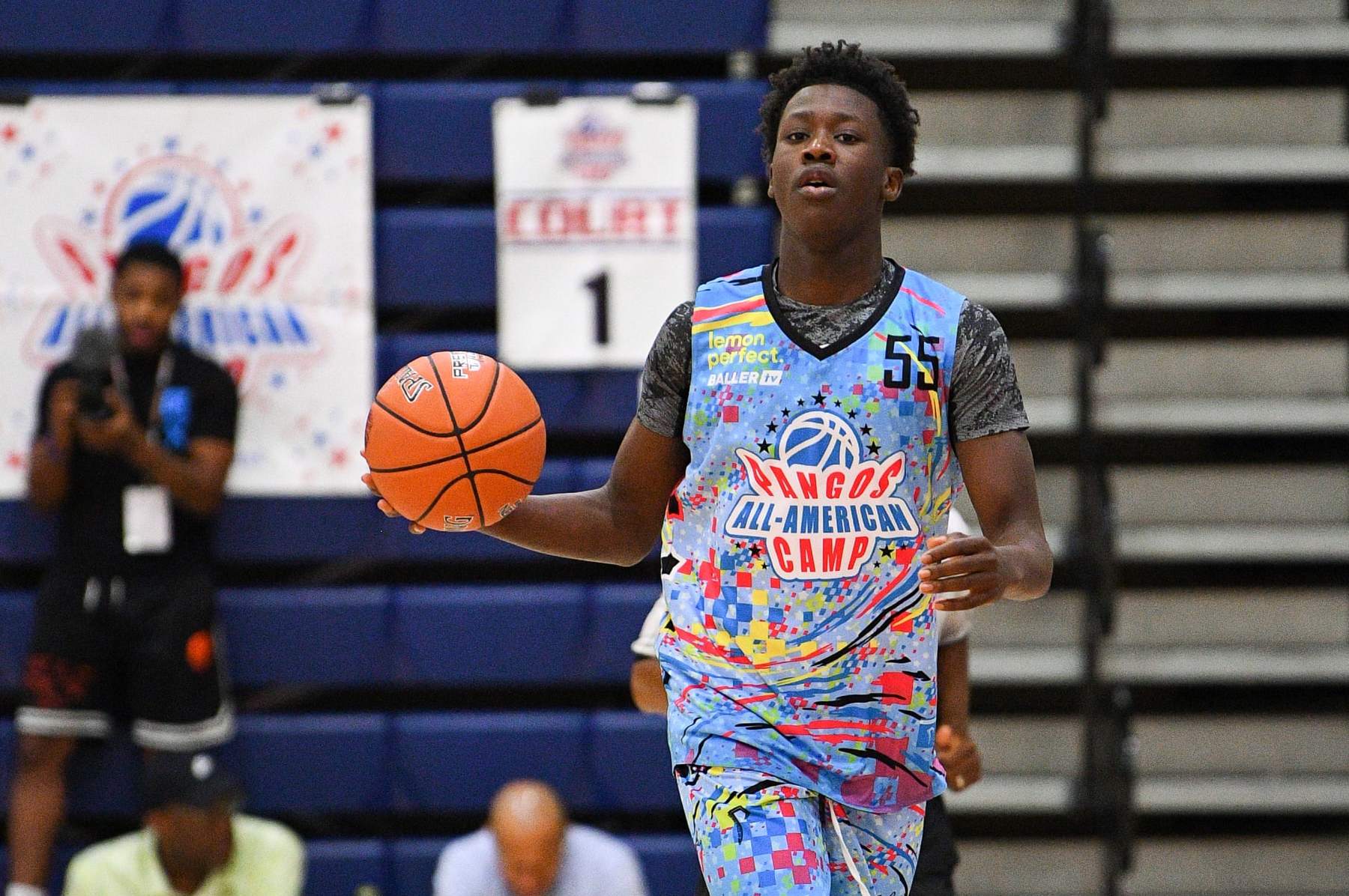 LAS VEGAS, NV - JUNE 05: Joson Sanon dribbles up the court during the Pangos All-American Camp on June 5, 2023 at the Bishop Gorman High School in Las Vegas, NV. (Photo by Brian Rothmuller/Icon Sportswire via Getty Images)