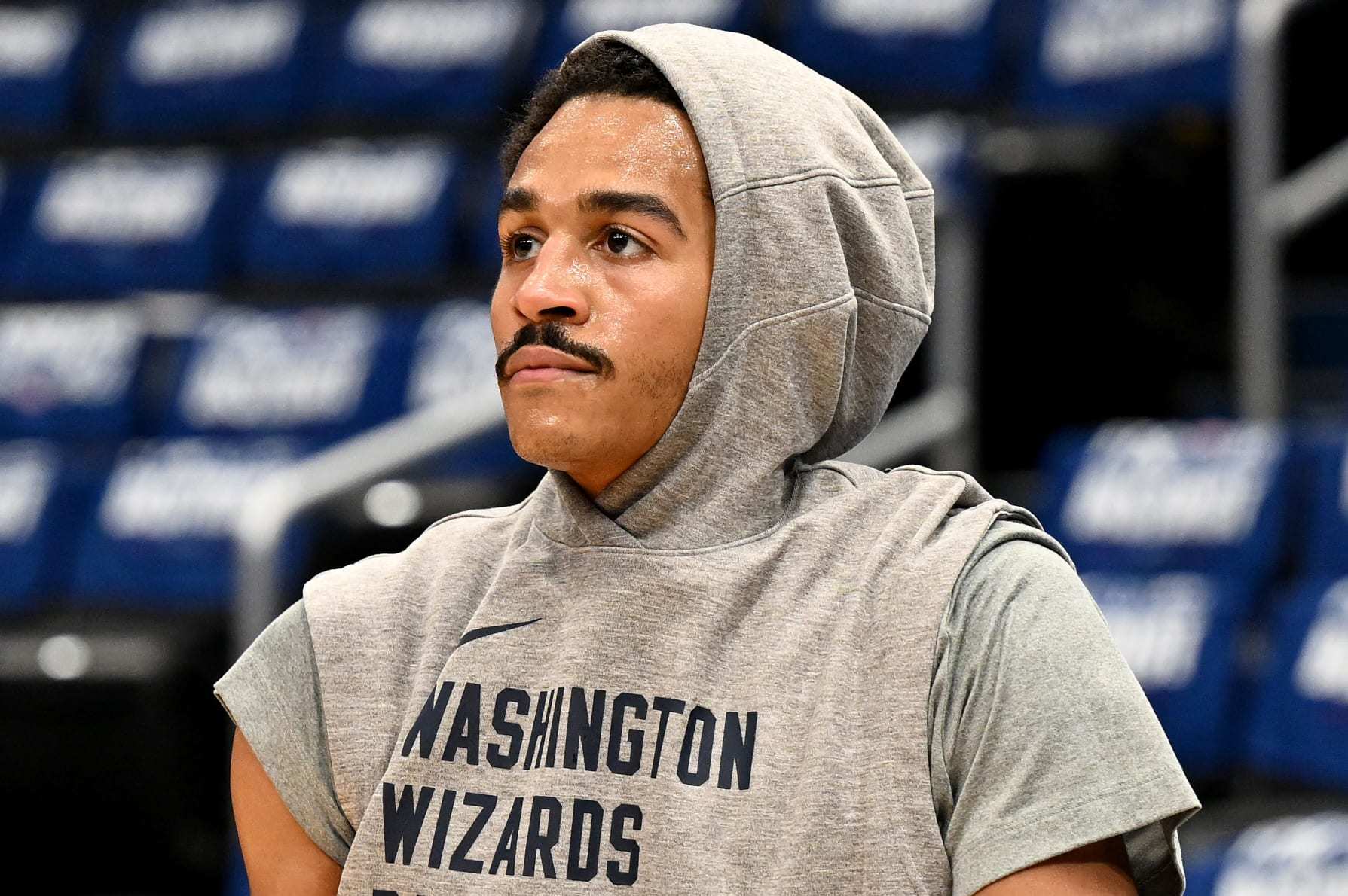 WASHINGTON, DC - OCTOBER 30: Jordan Poole #13 of the Washington Wizards warms up before the game against the Boston Celtics at Capital One Arena on October 30, 2023 in Washington, DC.  NOTE TO USER: User expressly acknowledges and agrees that, by downloading and or using this photograph, User is consenting to the terms and conditions of the Getty Images License Agreement.  (Photo by G Fiume/Getty Images)