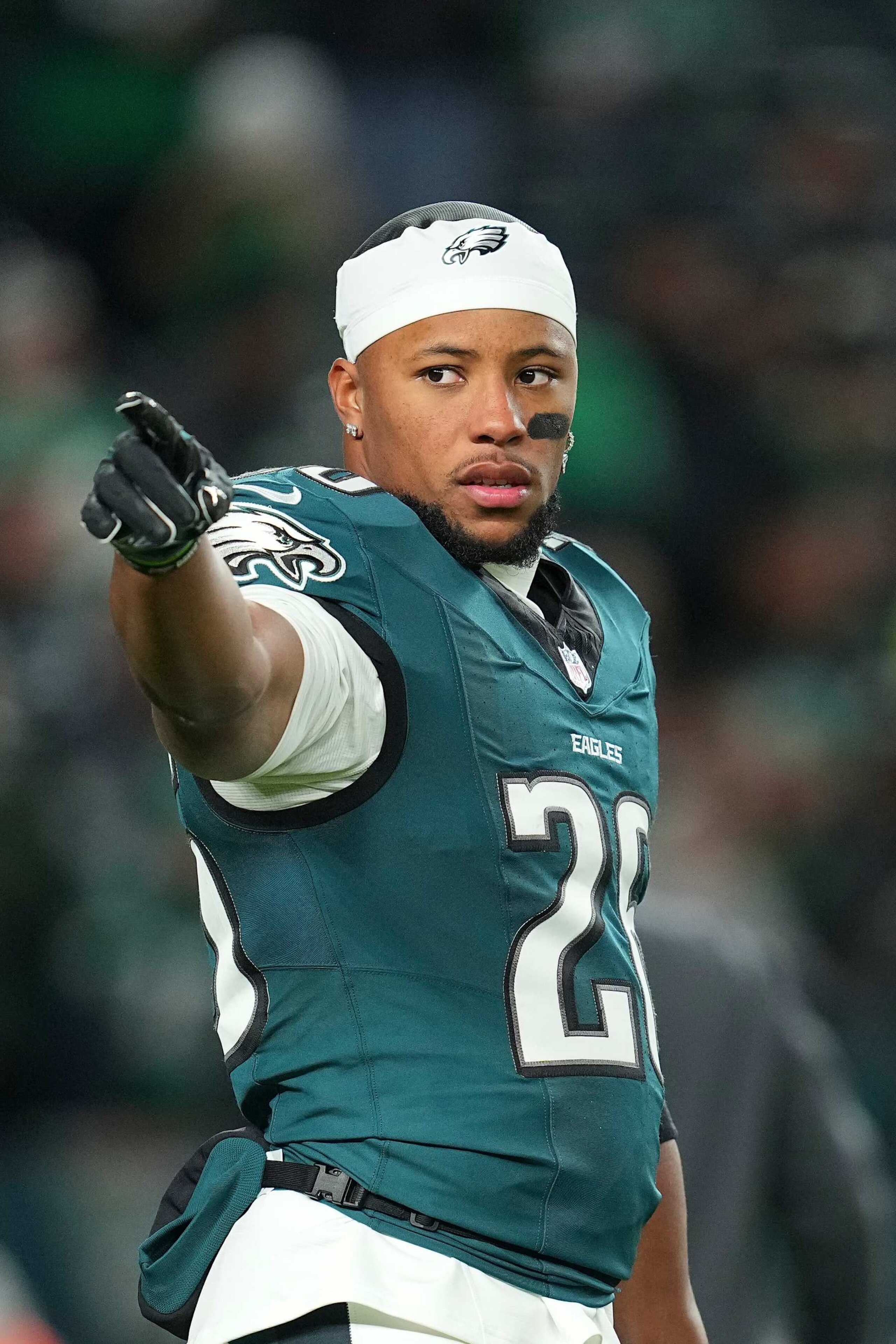 PHILADELPHIA, PENNSYLVANIA - NOVEMBER 14: Saquon Barkley #26 of the Philadelphia Eagles looks on prior to the game against the Washington Commanders at Lincoln Financial Field on November 14, 2024 in Philadelphia, Pennsylvania. (Photo by Mitchell Leff/Getty Images)