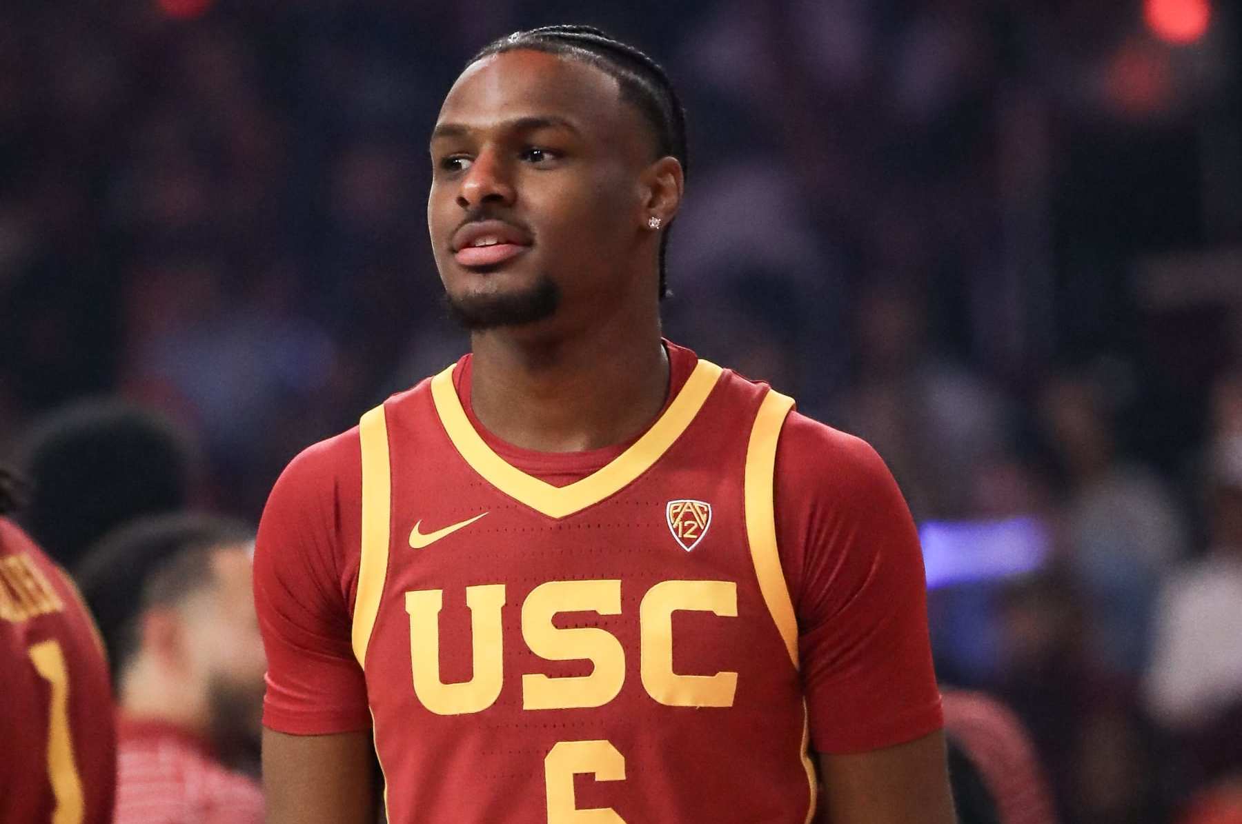 LOS ANGELES, CALIFORNIA - OCTOBER 19: Bronny James #6 of the USC Trojans looks on during the Trojan HoopLA event at Galen Center on October 19, 2023 in Los Angeles, California. (Photo by Meg Oliphant/Getty Images)