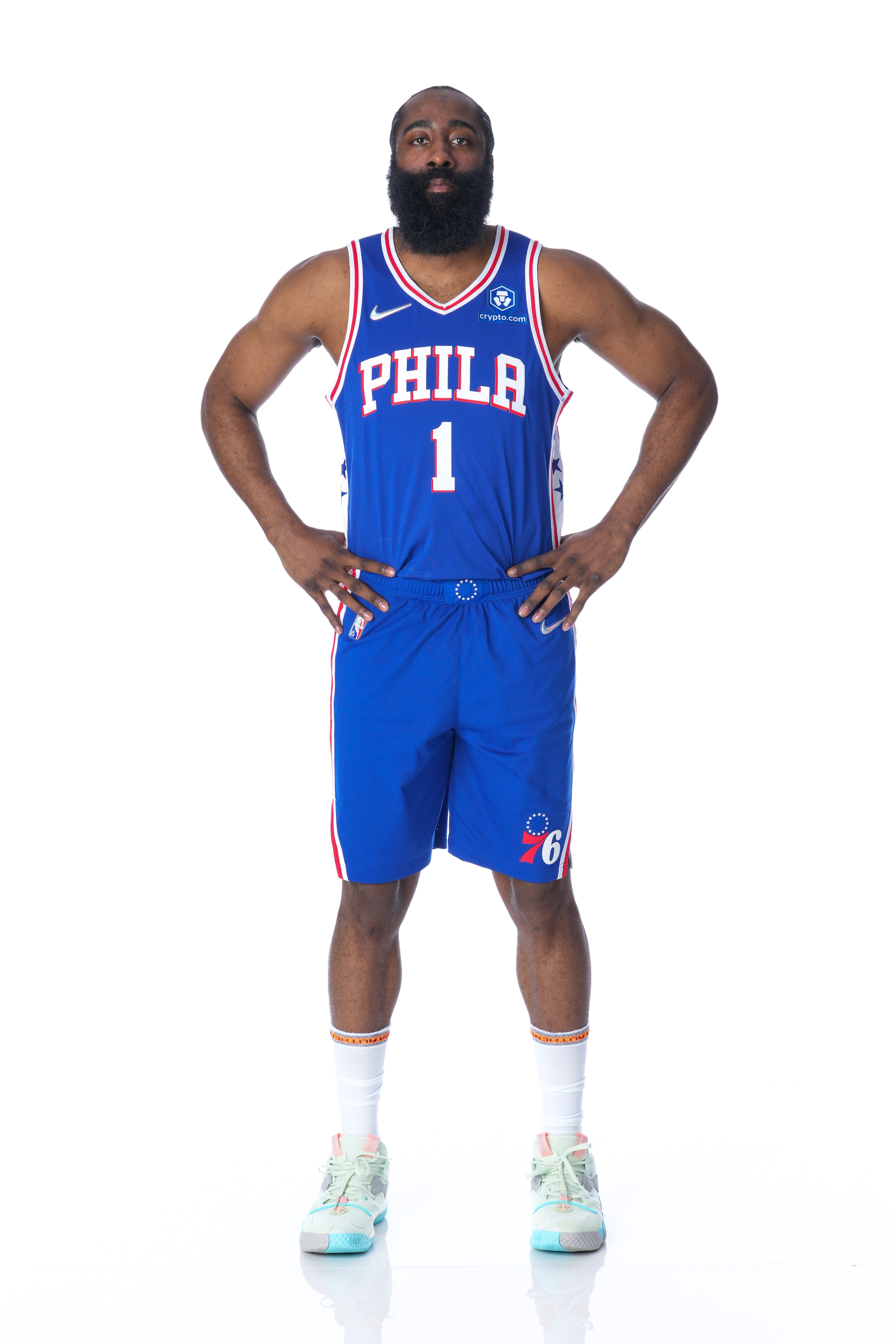 CAMDEN, NJ - FEBRUARY 14: James Harden #1 of the Philadelphia 76ers poses for a portrait on February 14, 2022 at Philadelphia 76ers Training Complex in Camden, New Jersey. NOTE TO USER: User expressly acknowledges and agrees that, by downloading and/or using this Photograph, user is consenting to the terms and conditions of the Getty Images License Agreement. Mandatory Copyright Notice: Copyright 2022 NBAE (Photo by Jesse D. Garrabrant/NBAE via Getty Images)