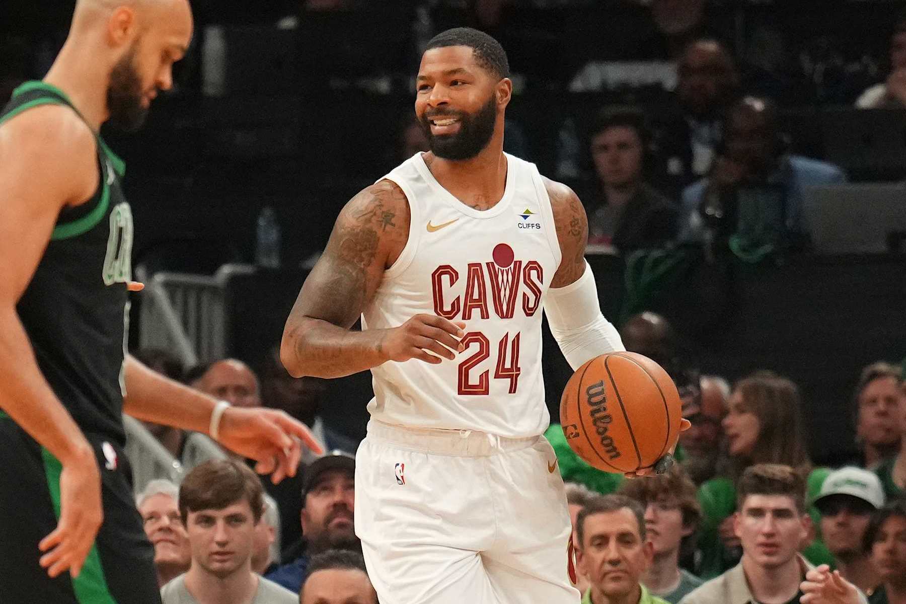 BOSTON, MA - MAY 15: Marcus Morris Sr. #24 of the Cleveland Cavaliers looks on during the game against the Boston Celtics during Round 2 Game 5 of the 2024 NBA Playoffs on May 15, 2024 at the TD Garden in Boston, Massachusetts. NOTE TO USER: User expressly acknowledges and agrees that, by downloading and or using this photograph, User is consenting to the terms and conditions of the Getty Images License Agreement. Mandatory Copyright Notice: Copyright 2024 NBAE  (Photo by Jesse D. Garrabrant/NBAE via Getty Images)