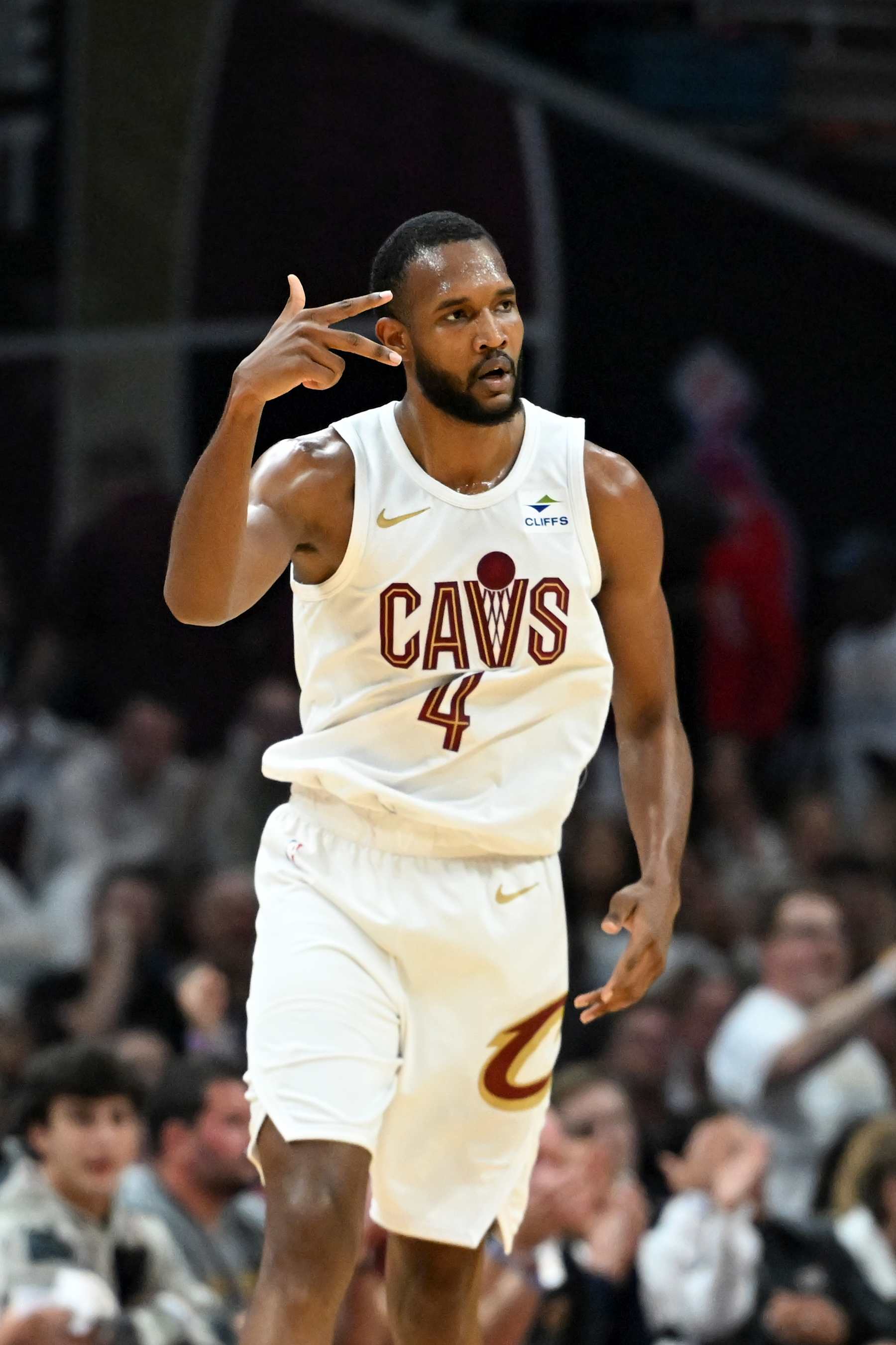 CLEVELAND, OHIO - MAY 13: Evan Mobley #4 of the Cleveland Cavaliers celebrates making a three-point basket during the first half of Game Four of the Eastern Conference Second Round Playoffs against the Boston Celtics at Rocket Mortgage Fieldhouse on May 13, 2024 in Cleveland, Ohio. NOTE TO USER: User expressly acknowledges and agrees that, by downloading and or using this photograph, User is consenting to the terms and conditions of the Getty Images License Agreement. (Photo by Nick Cammett/Getty Images)