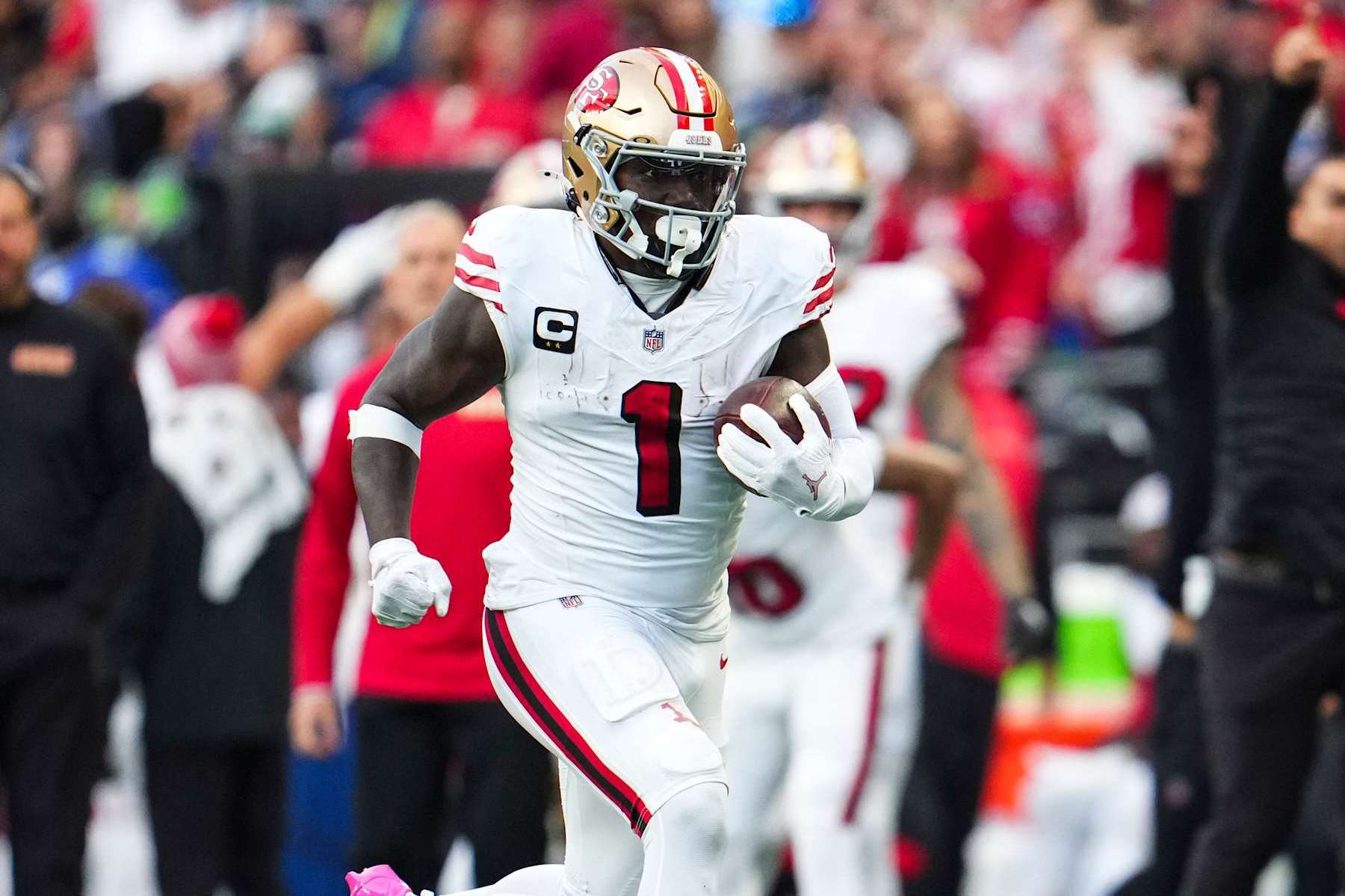 SEATTLE, WA - OCTOBER 10: Deebo Samuel Sr. #1 of the San Francisco 49ers runs the ball during an NFL football game against the Seattle Seahawks at Lumen Field on October 10, 2024 in Seattle, Washington. (Photo by Cooper Neill/Getty Images)