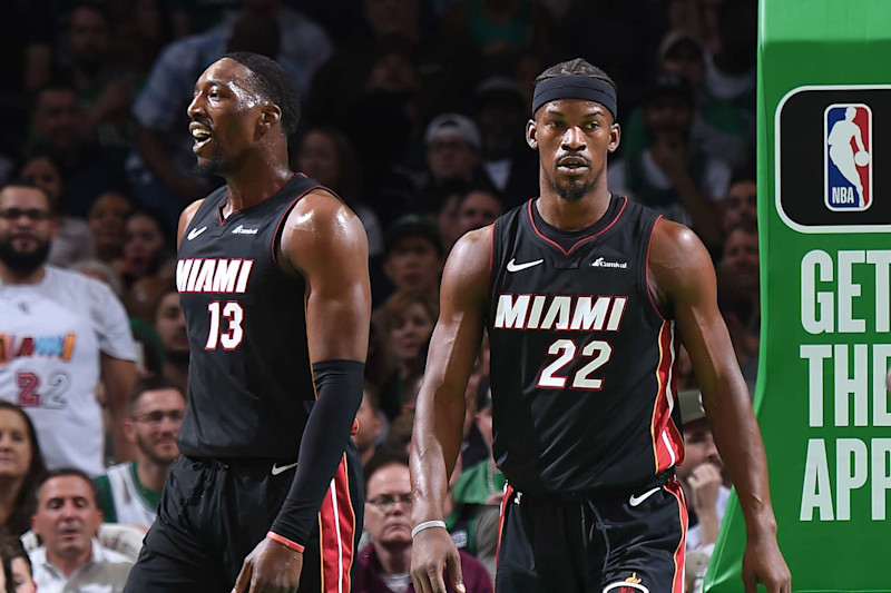 BOSTON, MA - OCTOBER 27: Bam Adebayo #13 and Jimmy Butler #22 of the Miami Heat look on during the game against the Boston Celtics on October 27, 2023 at the TD Garden in Boston, Massachusetts. NOTE TO USER: User expressly acknowledges and agrees that, by downloading and or using this photograph, User is consenting to the terms and conditions of the Getty Images License Agreement. Mandatory Copyright Notice: Copyright 2023 NBAE (Photo by Brian Babineau/NBAE via Getty Images)