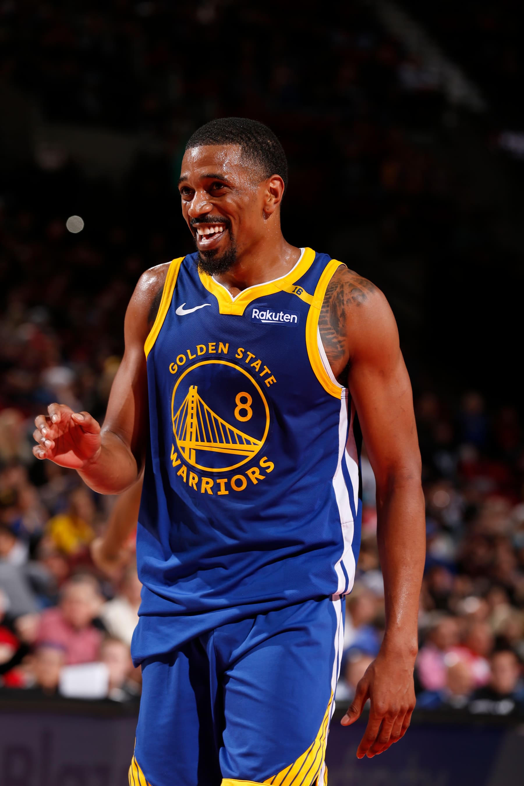 PORTLAND, OR - OCTOBER 23: De'Anthony Melton #8 of the Golden State Warriors smiles during the game against the Portland Trail Blazers on October 23, 2024 at the Moda Center Arena in Portland, Oregon. NOTE TO USER: User expressly acknowledges and agrees that, by downloading and or using this photograph, user is consenting to the terms and conditions of the Getty Images License Agreement. Mandatory Copyright Notice: Copyright 2024 NBAE (Photo by Cameron Browne/NBAE via Getty Images)